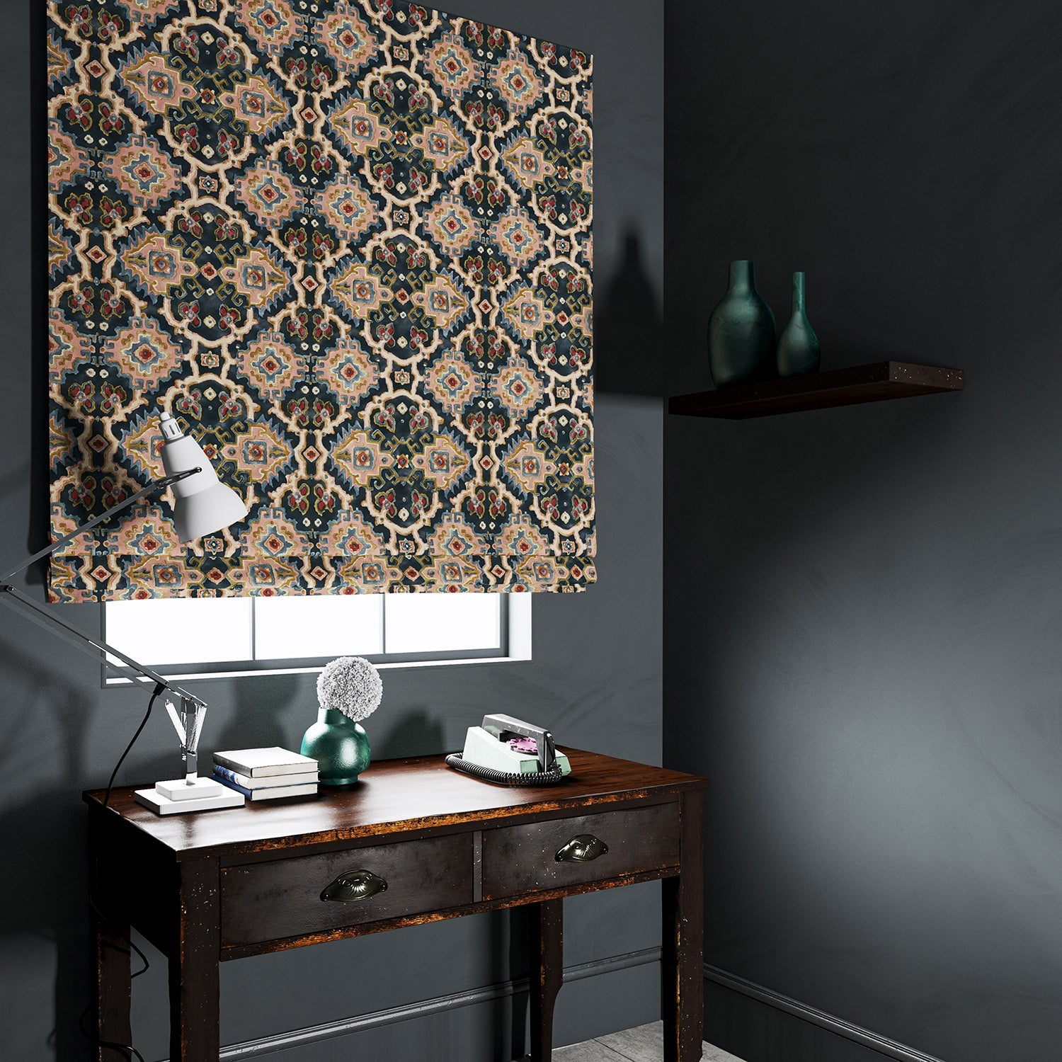 Velvet blind upholstered in a printed velvet fabric with an oriental geometric design in multicolours