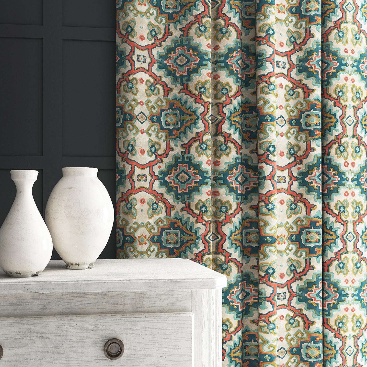 Velvet curtain in a printed velvet fabric with an oriental geometric design in blue colours