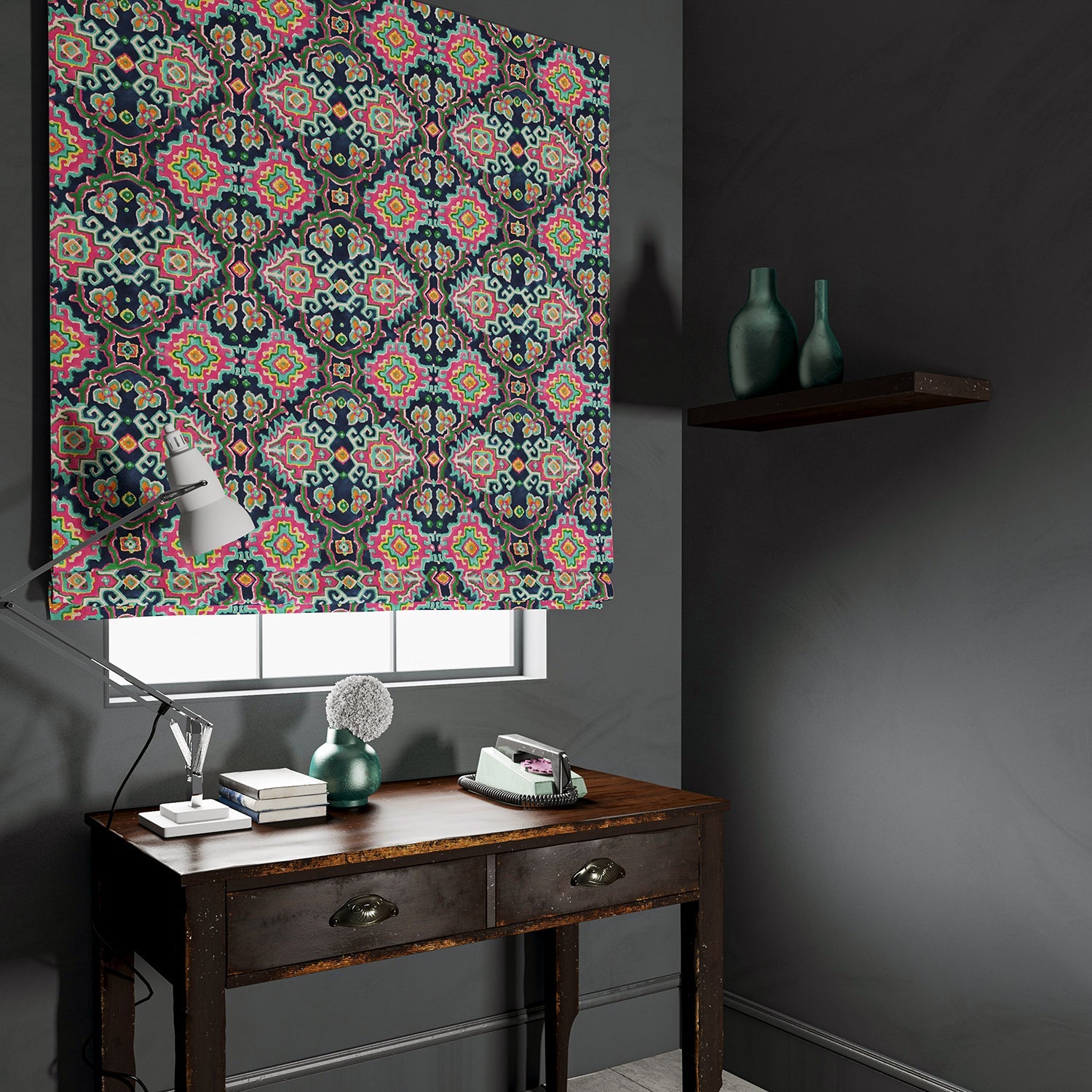 Velvet blind upholstered in a printed velvet fabric with an oriental geometric design in vibrant colours