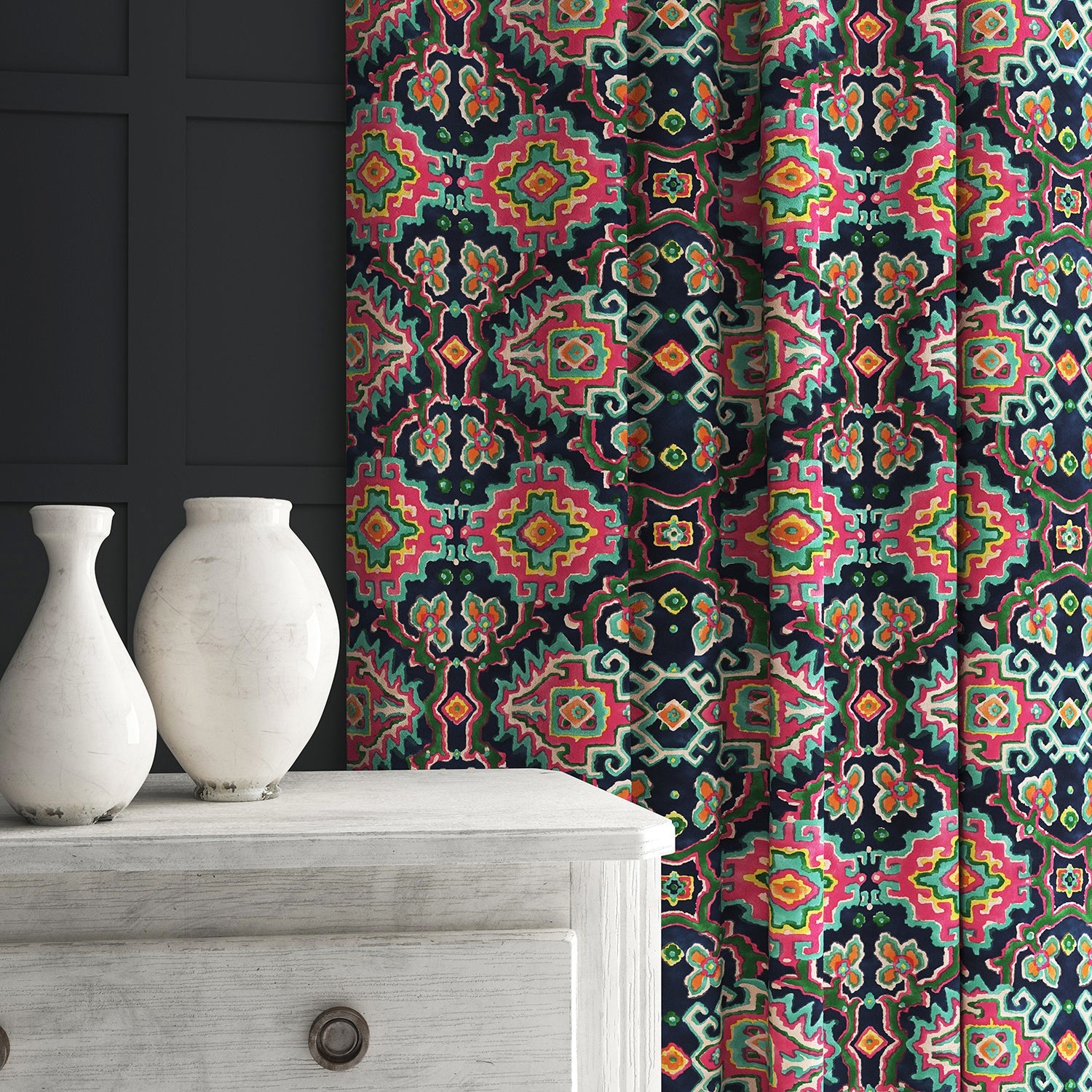 Velvet curtain in a printed velvet fabric with an oriental geometric design in vibrant colours
