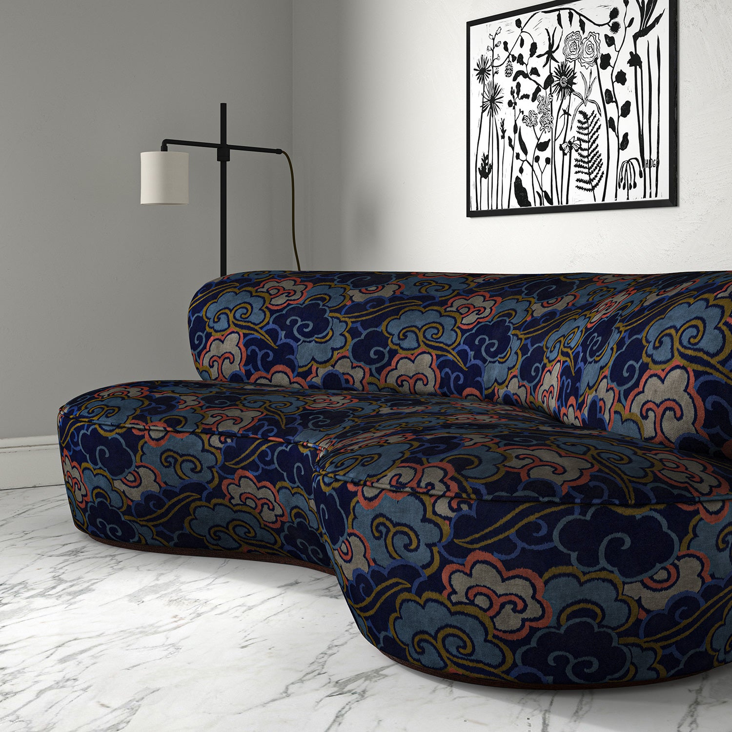 Velvet sofa upholstered in a printed velvet fabric with enchanting landscape of abstract clouds design in multicolours.
