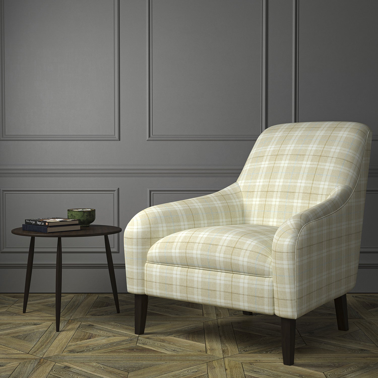 Chair upholstered in a cream Scottish wool plaid check fabric