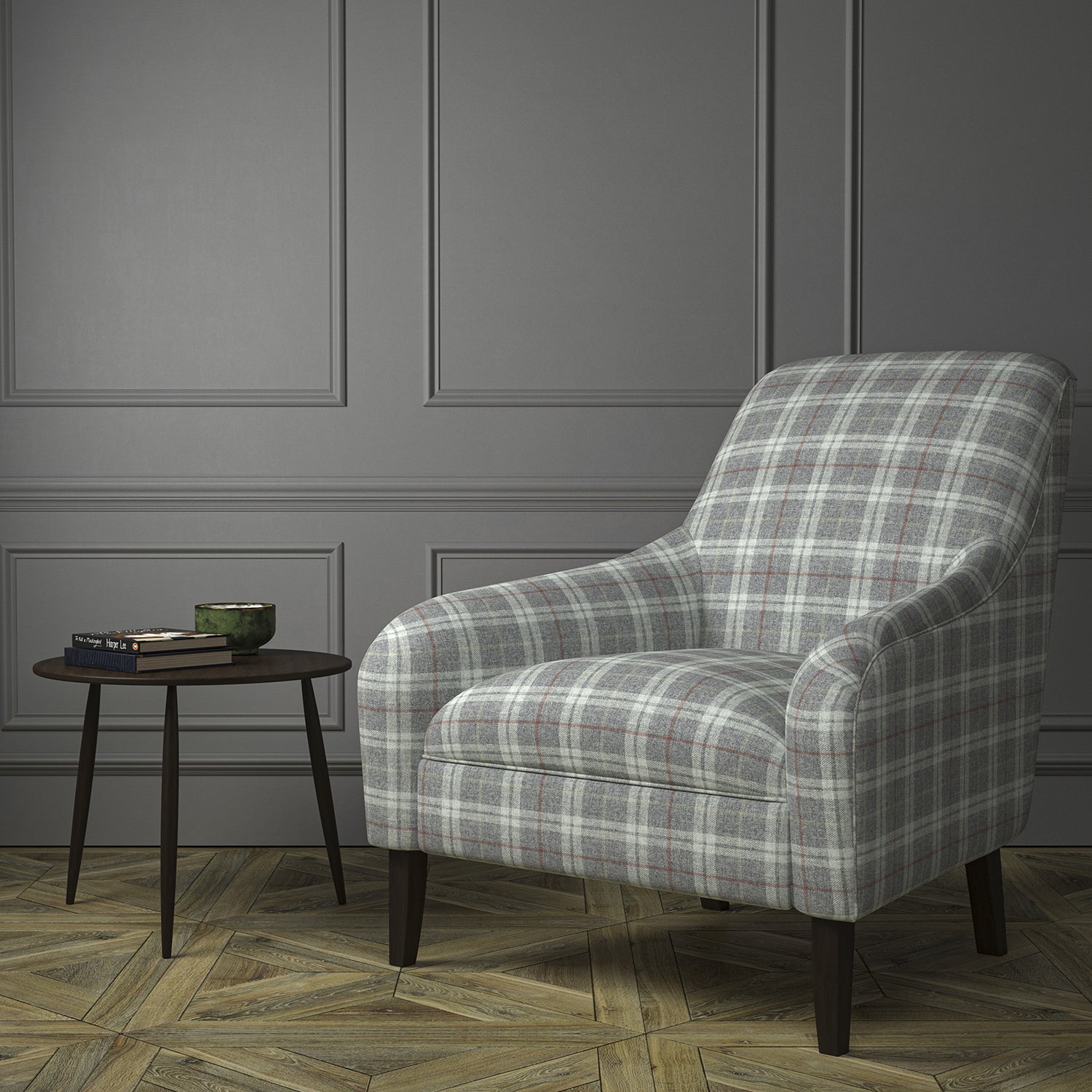 Chair upholstered in a grey Scottish wool plaid check fabric