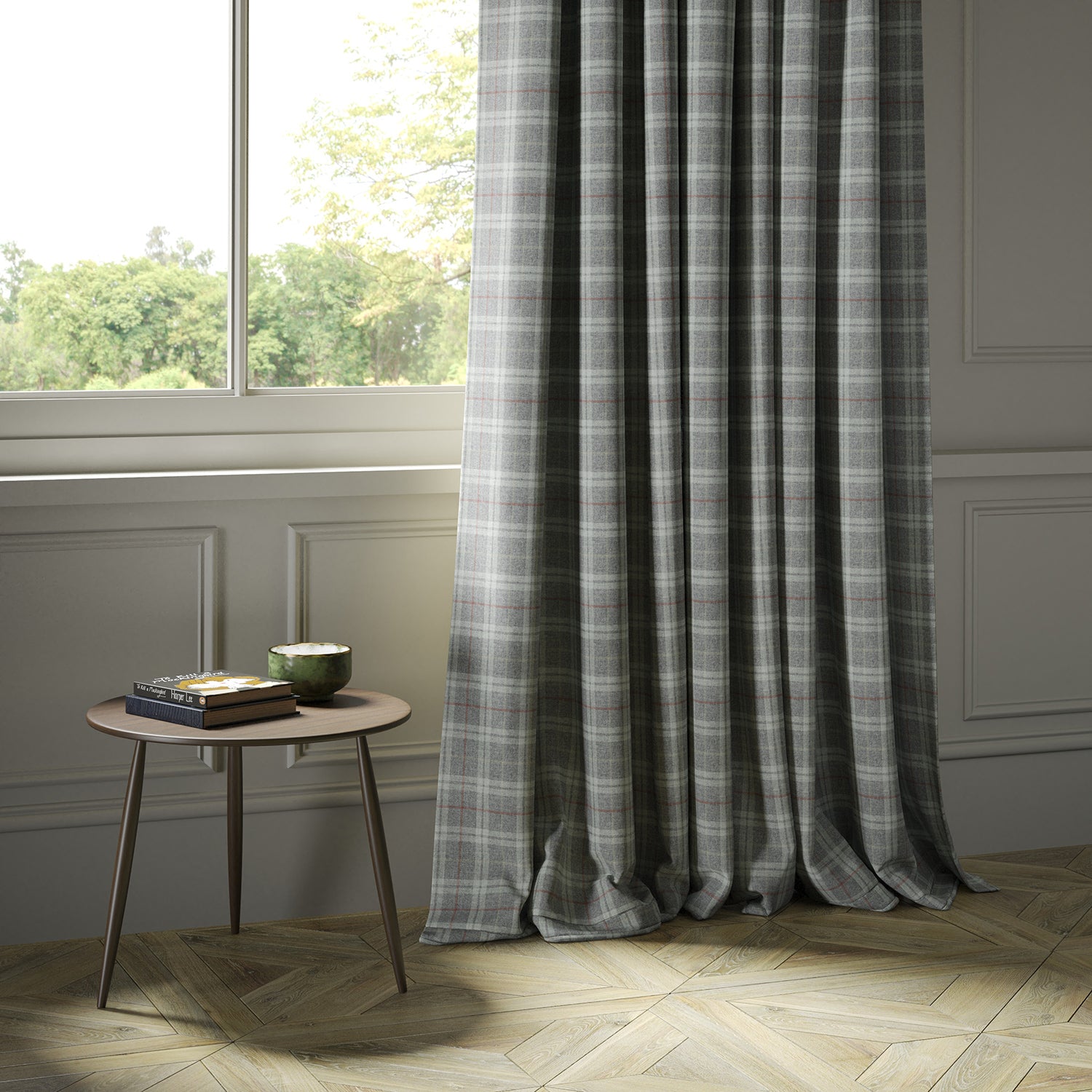 Curtains in a grey Scottish wool plaid check fabric