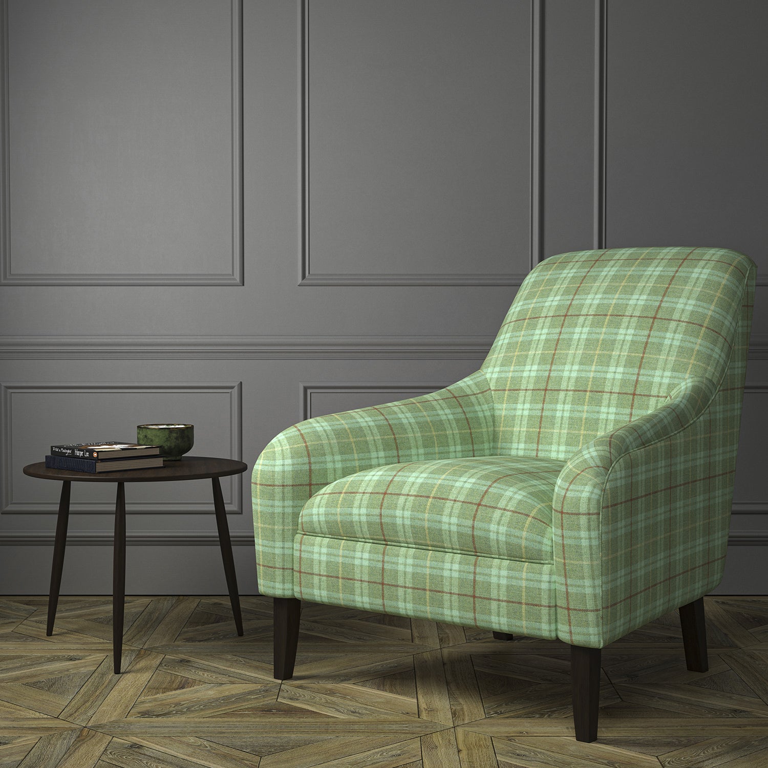 Chair upholstered in a green Scottish wool plaid check fabric