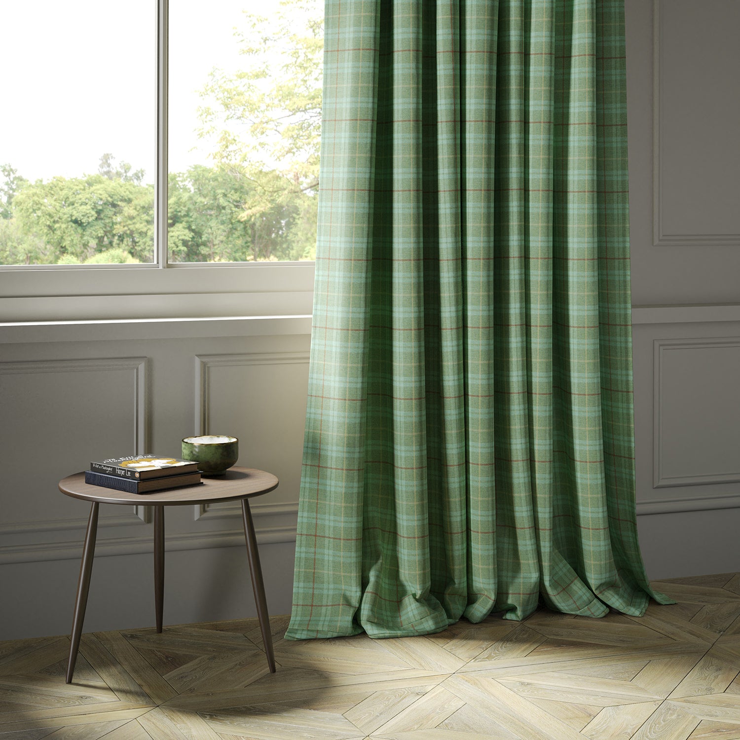 Curtains in a green Scottish wool plaid check fabric