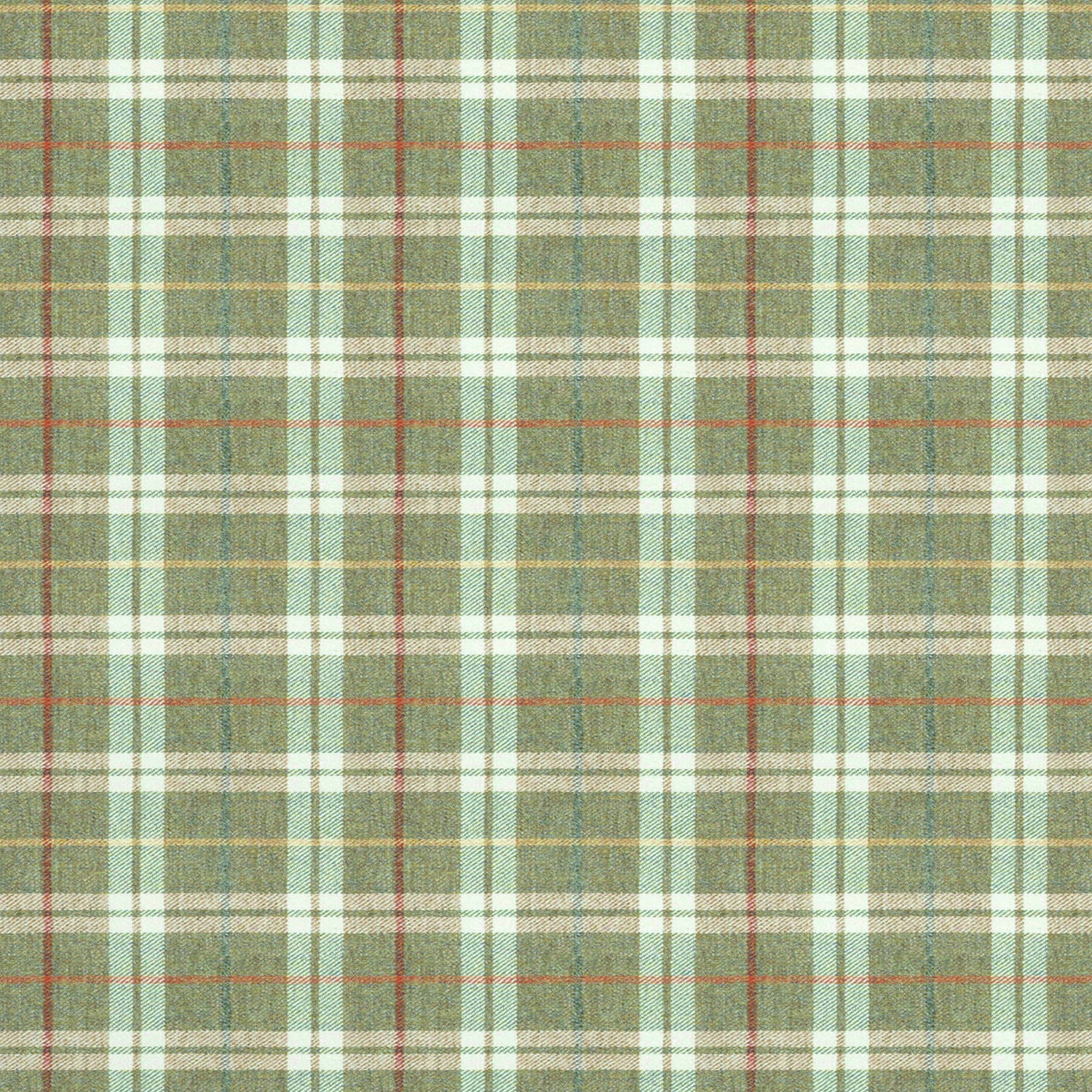 Fabric swatch of a green Scottish wool plaid check fabric for curtains and upholstery
