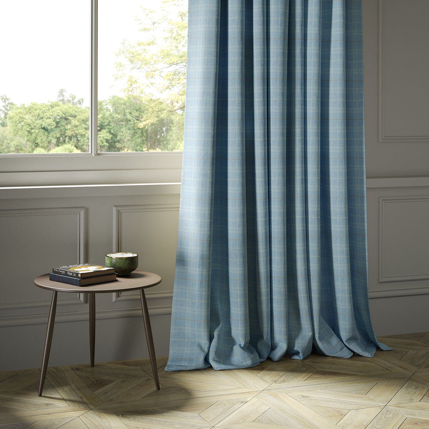 Curtains in a blue Scottish wool plaid check fabric