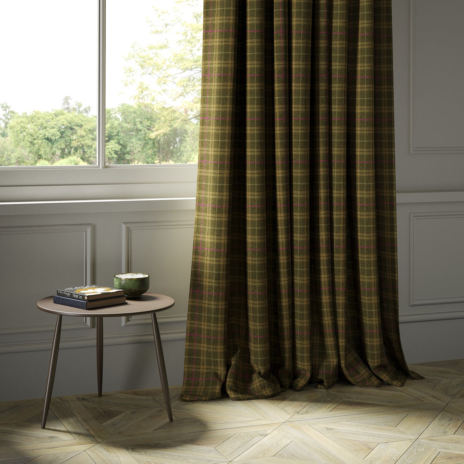 Curtains in a brown Scottish wool plaid check fabric