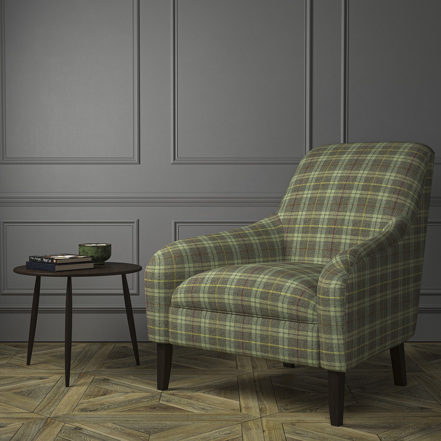 Chair upholstered in a green Scottish wool plaid check fabric
