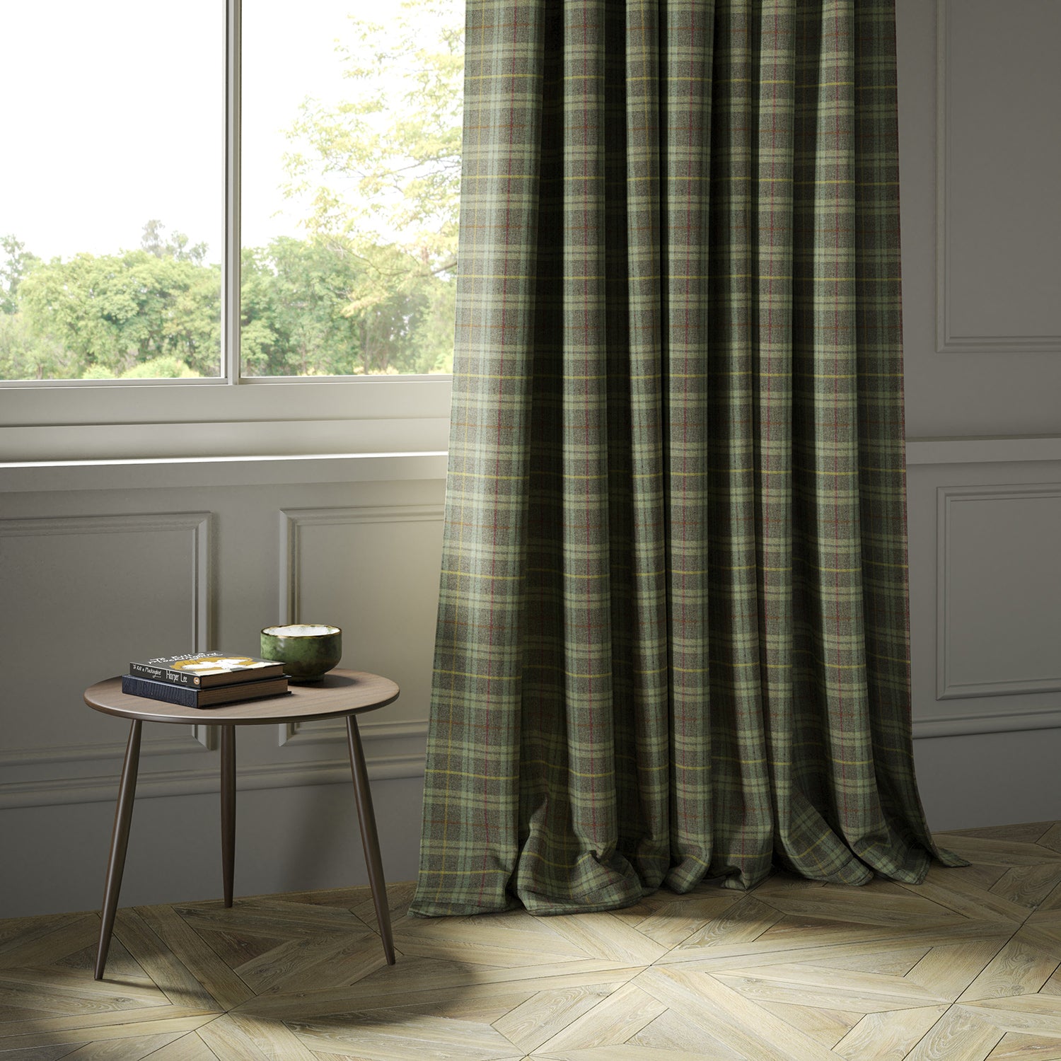 Curtains in a green Scottish wool plaid check fabric
