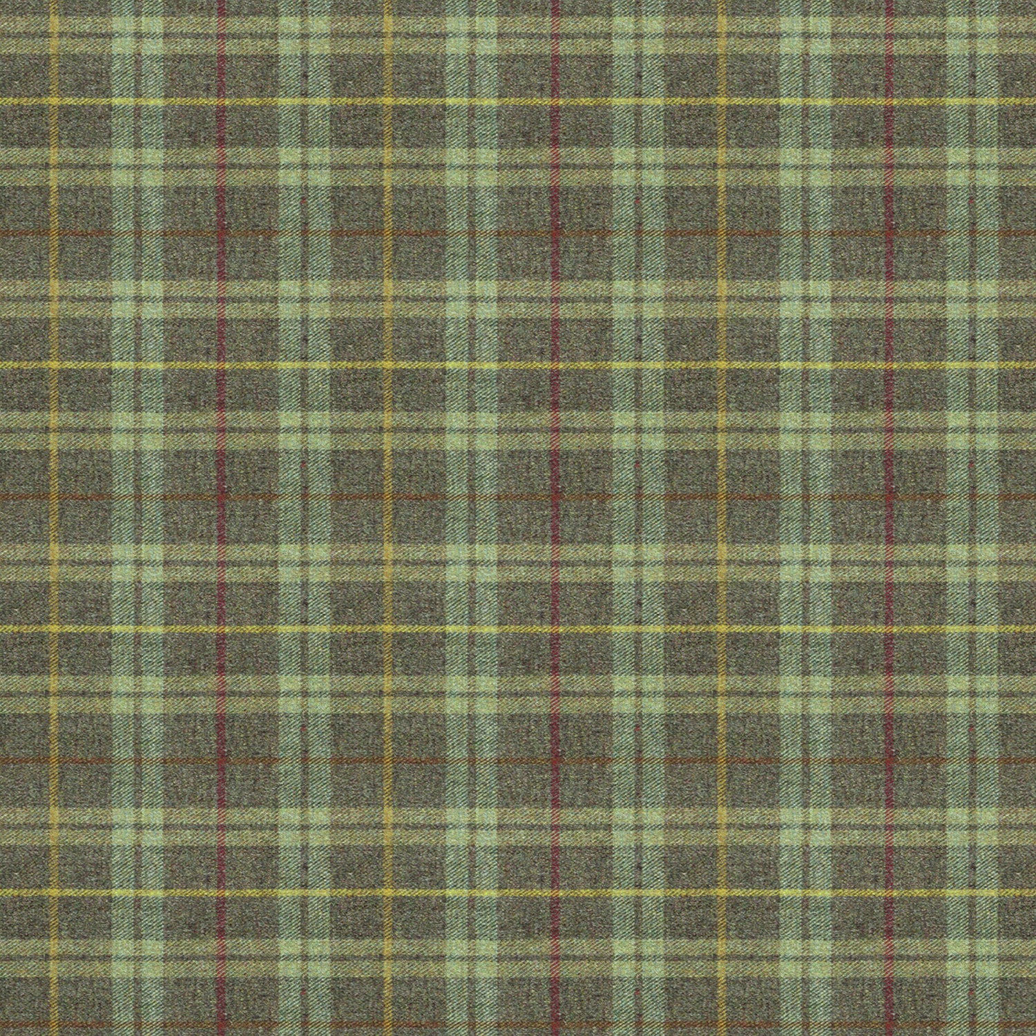 Fabric swatch of a green Scottish wool plaid check fabric for curtains and upholstery