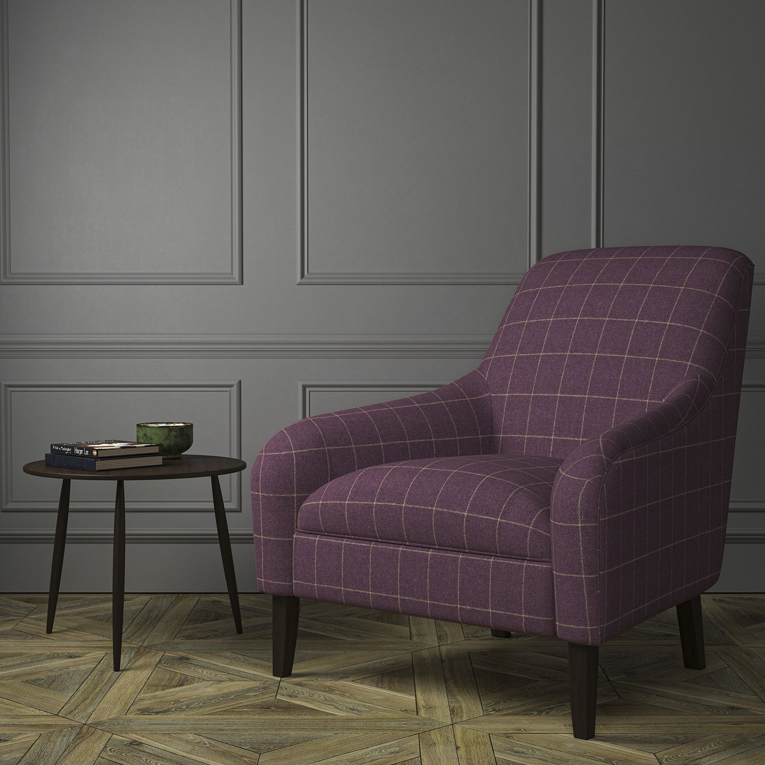 Chair upholstered in a purple Scottish wool windowpane check fabric