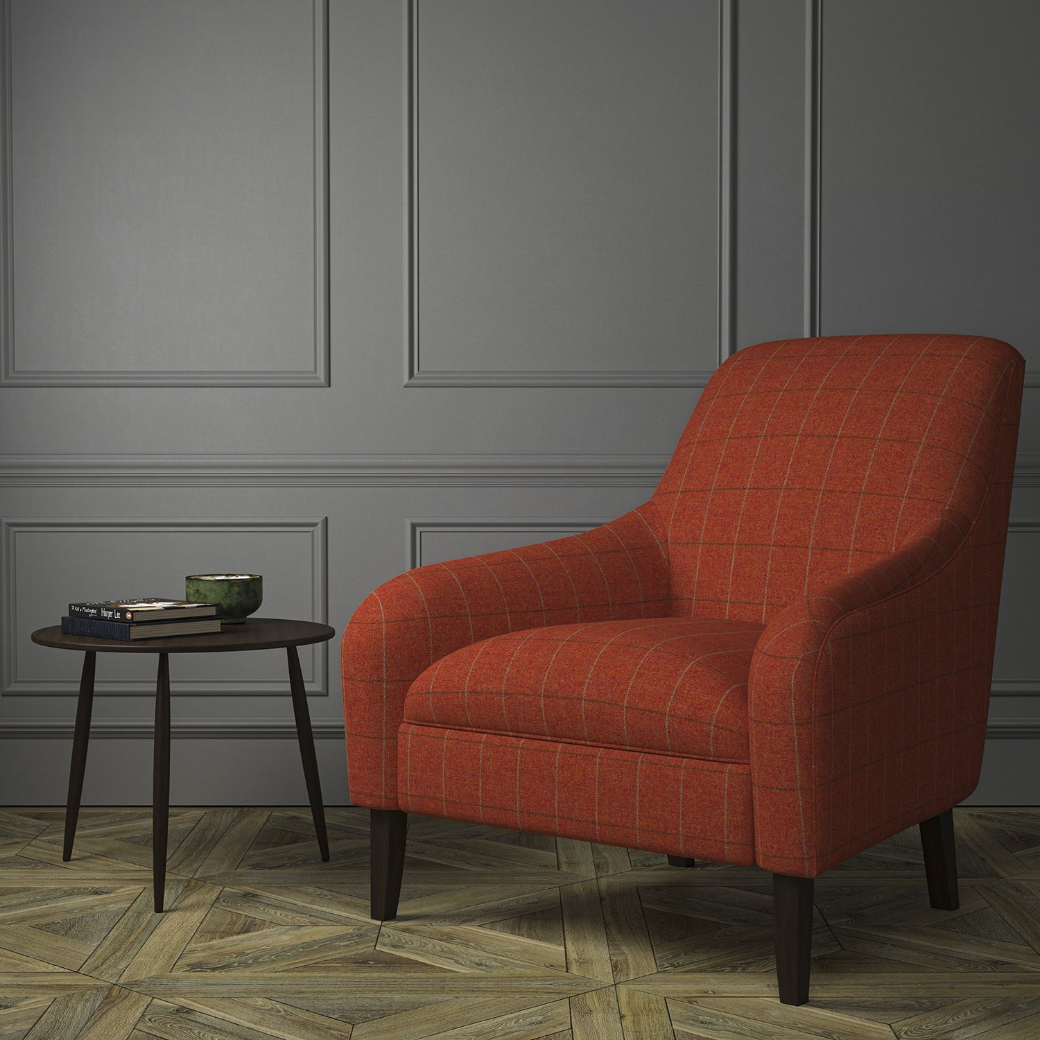 Chair upholstered in a red Scottish wool windowpane check fabric