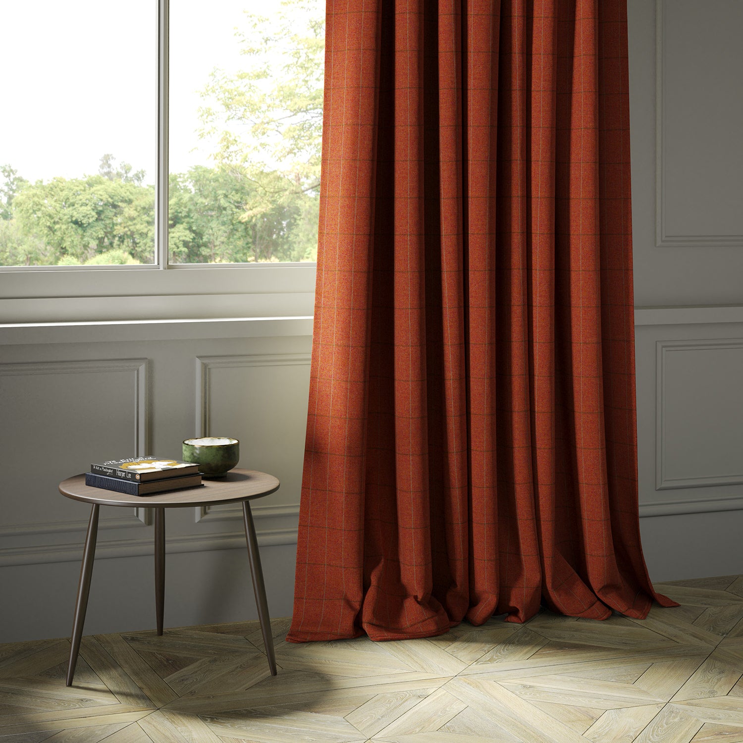 Curtains in a red Scottish wool windowpane check fabric