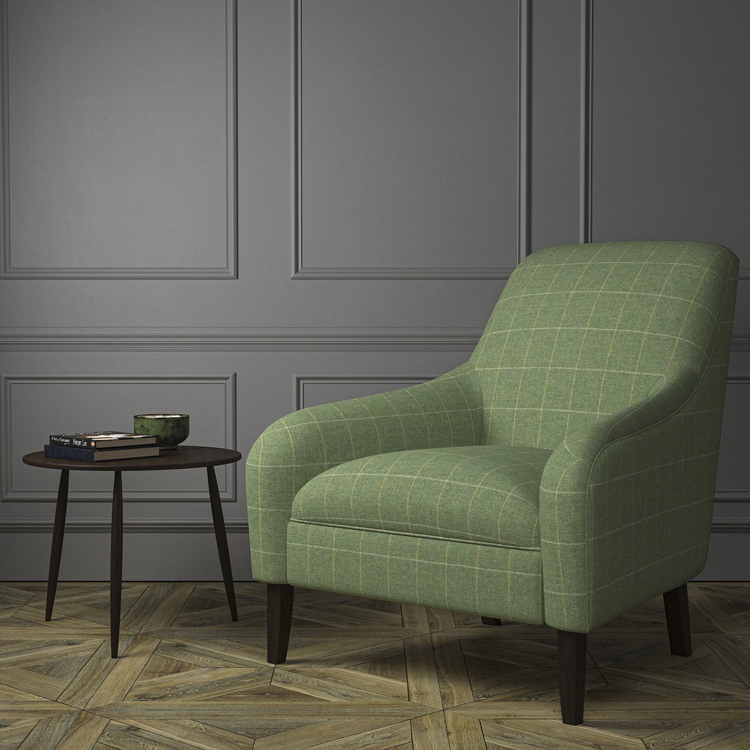 Chair upholstered in a green Scottish wool windowpane check fabric