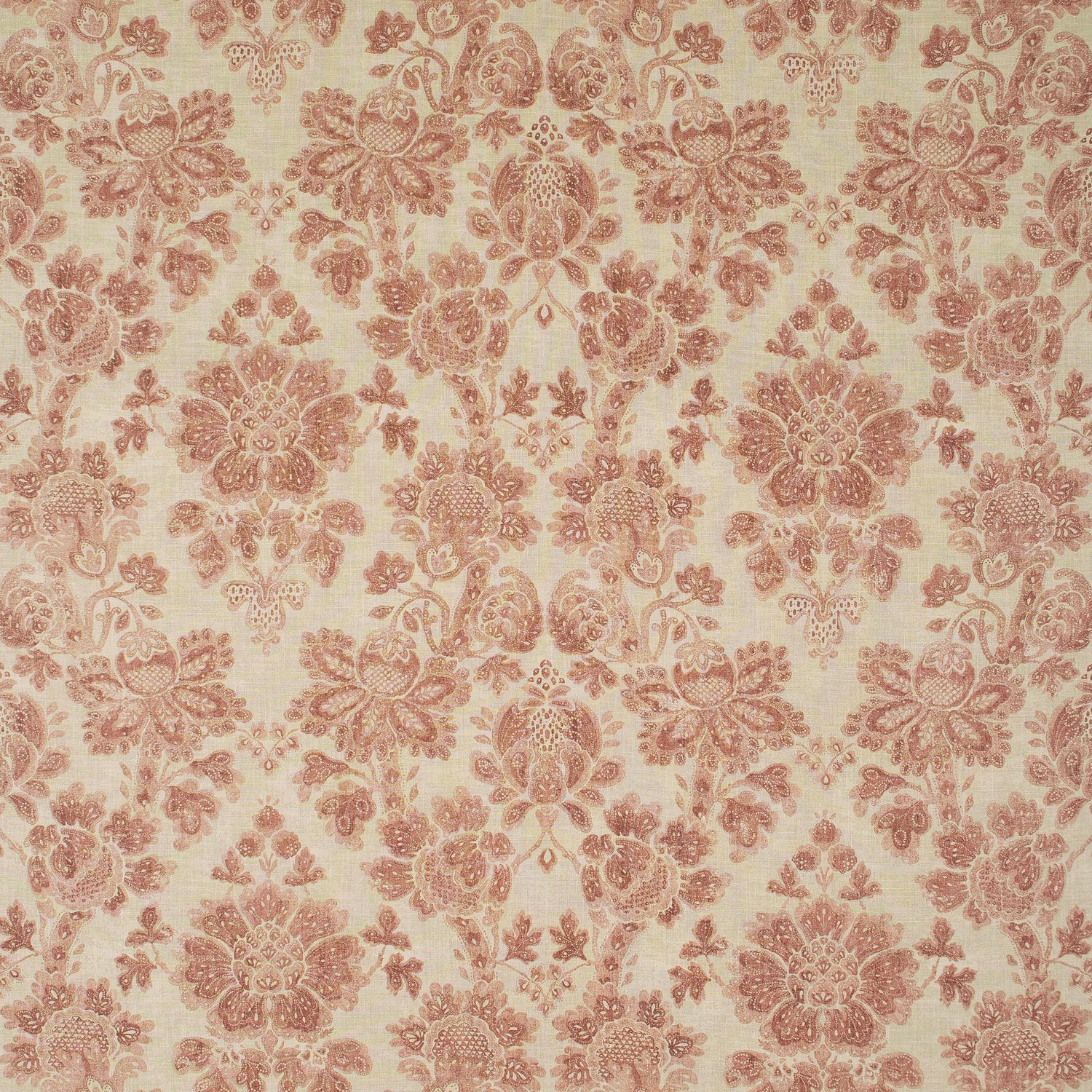 Fabric swatch of a light red floral damask fabric for curtains and upholstery