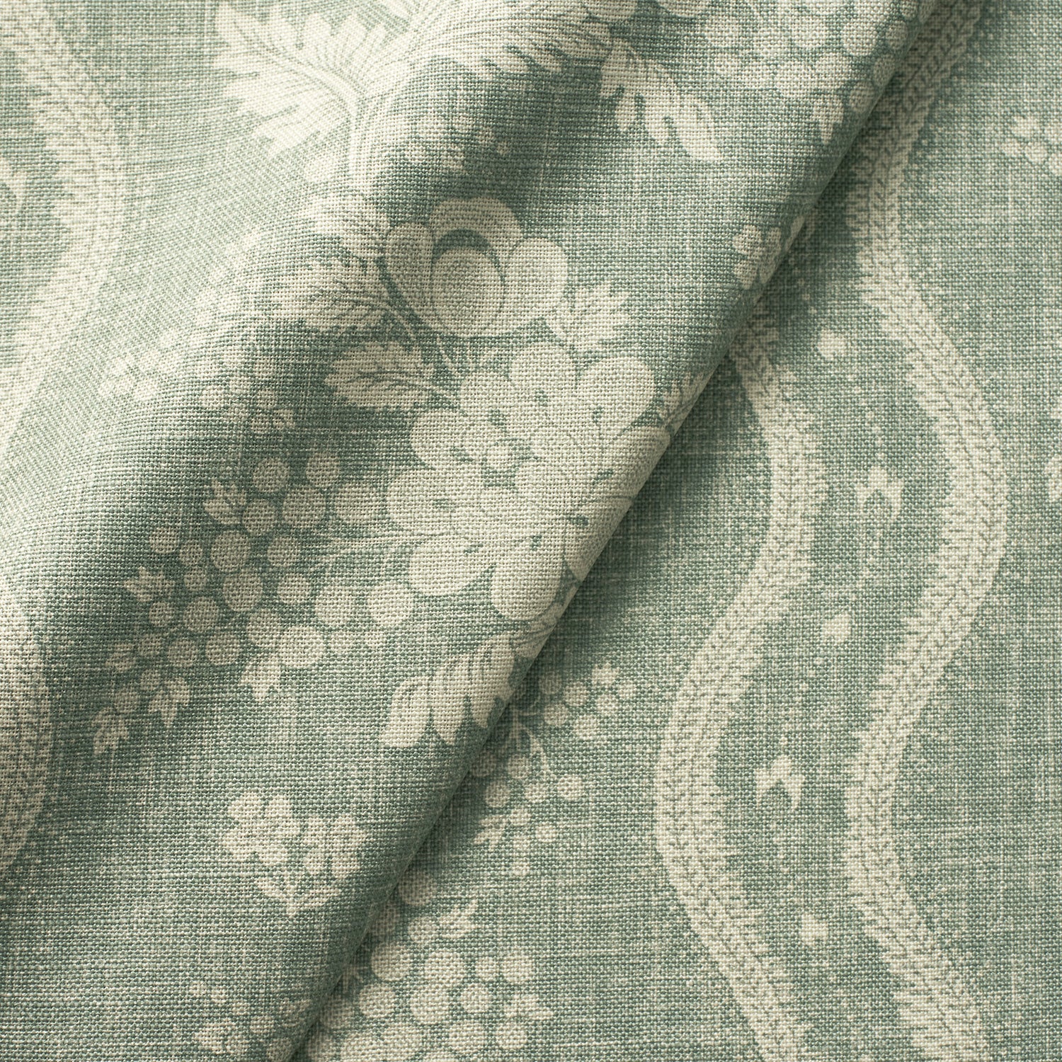 Fabric swatch of a duck egg coloured floral fabric with striped design for curtains and upholstery