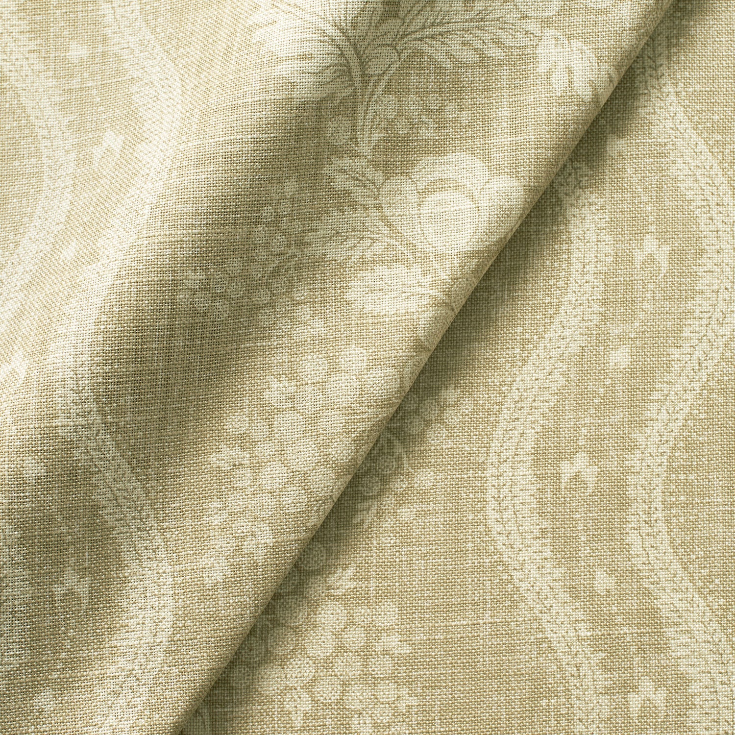 Fabric swatch of a beige floral fabric with striped design for curtains and upholstery