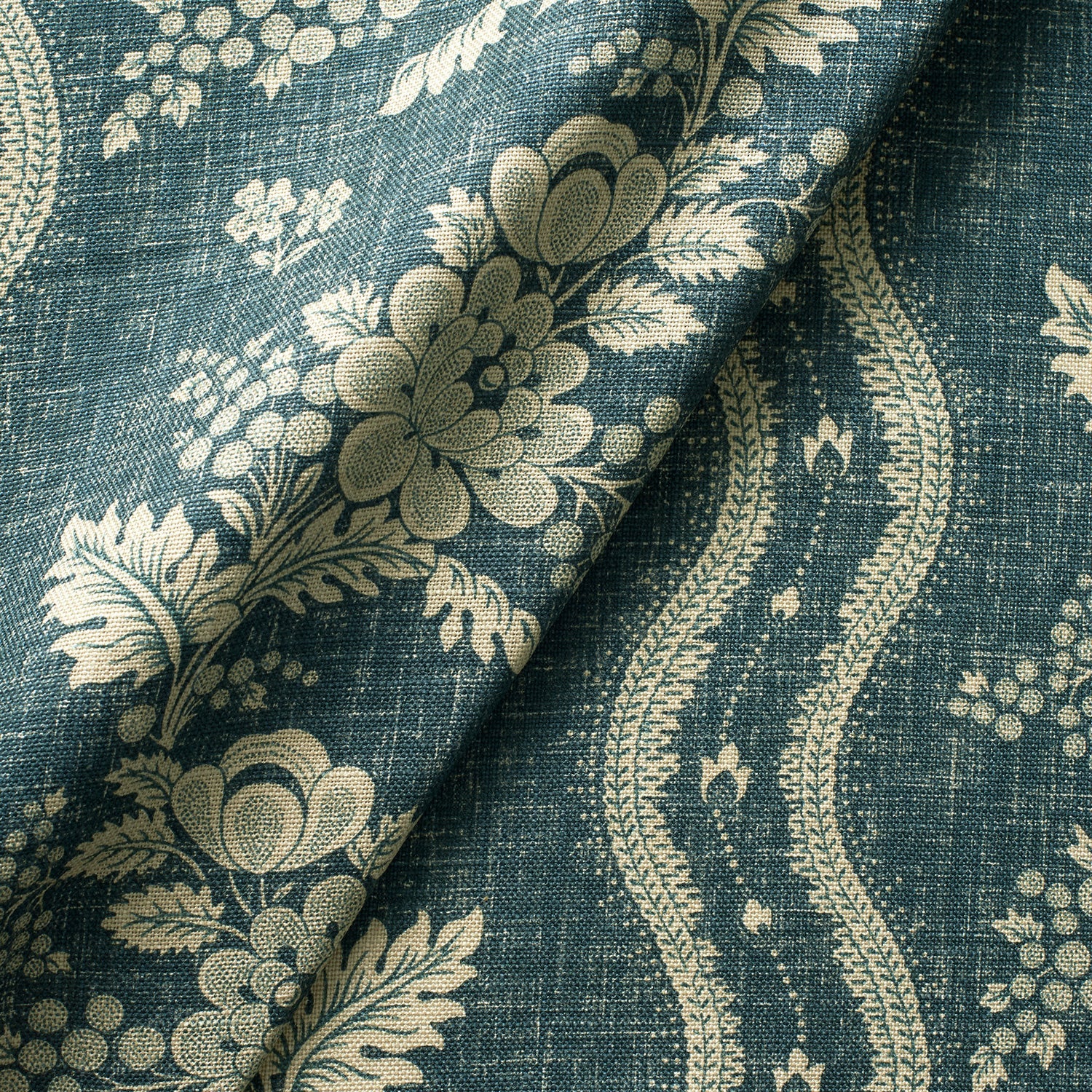 Fabric swatch of a navy floral fabric with striped design for curtains and upholstery