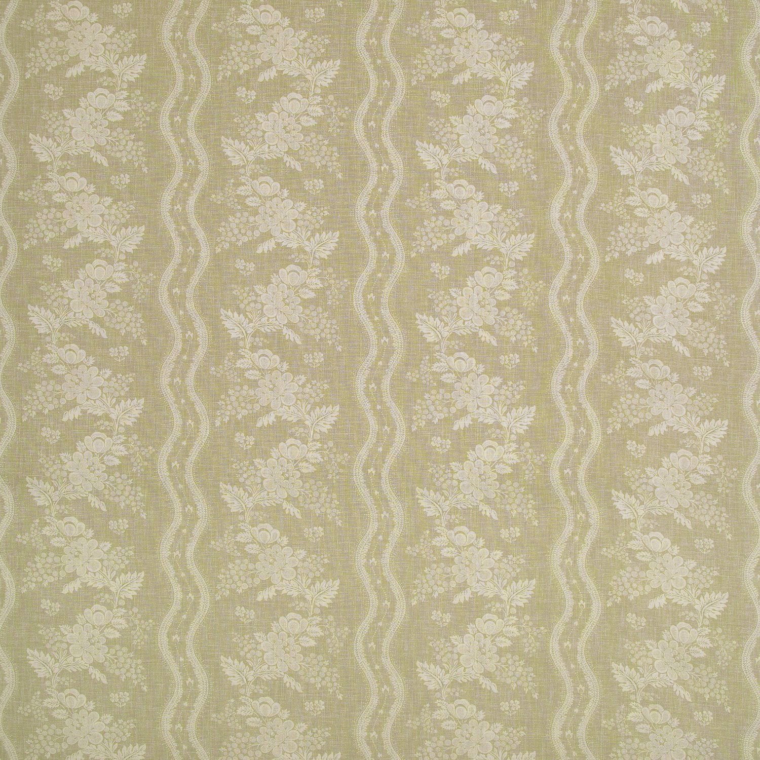 Fabric swatch of a beige floral fabric with striped design for curtains and upholstery