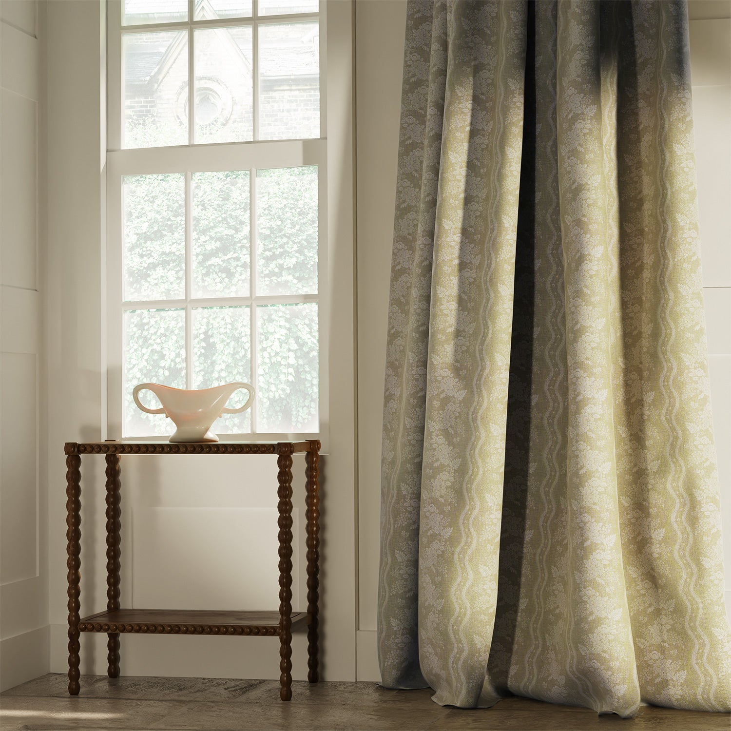 Curtains in a classic beige floral fabric with stripe design