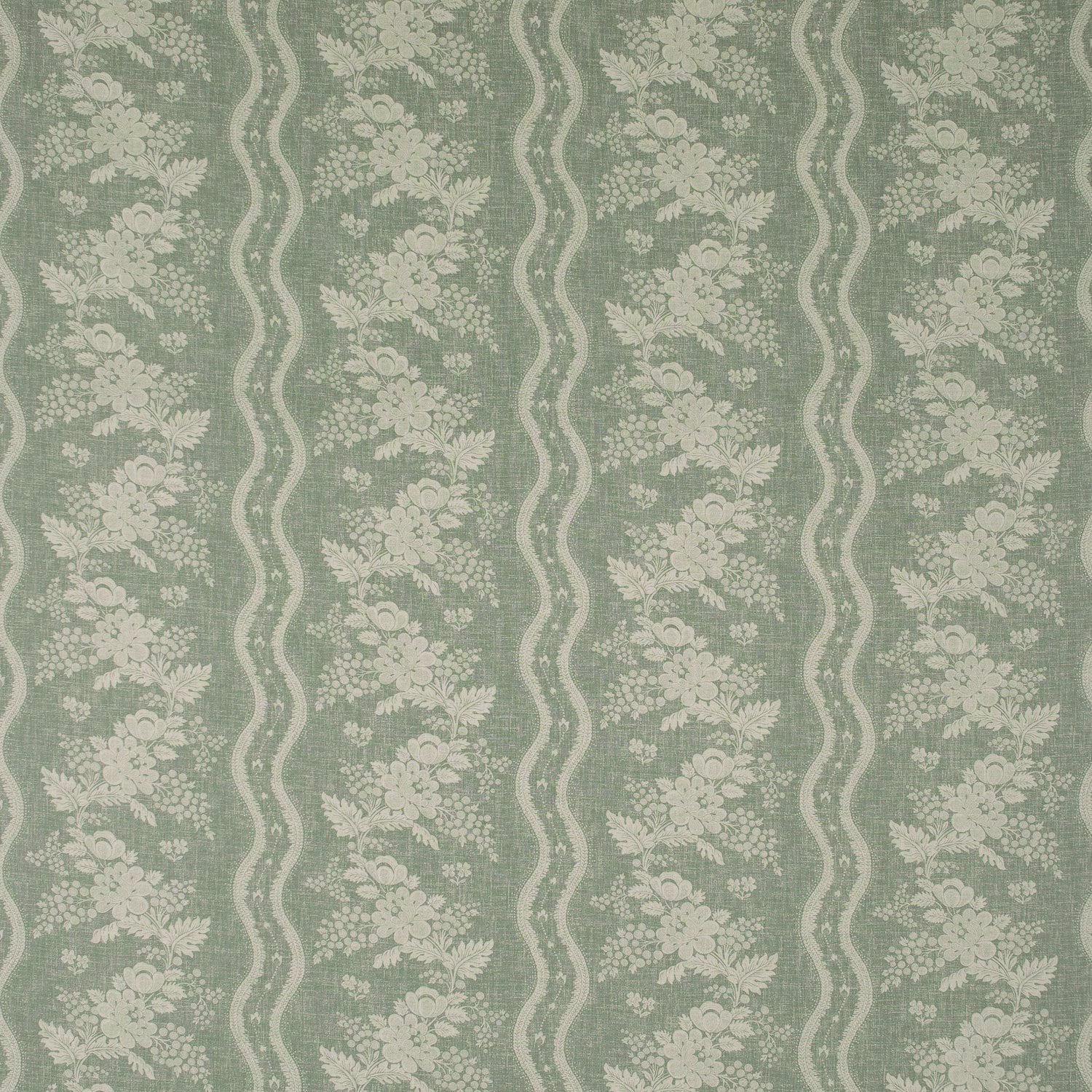 Fabric swatch of a duck egg coloured floral fabric with striped design for curtains and upholstery
