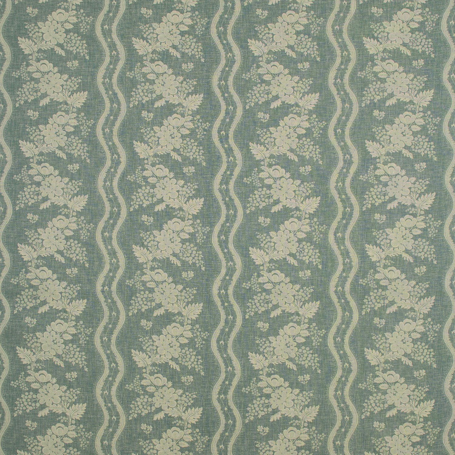 Fabric swatch of a blue floral fabric with striped design for curtains and upholstery