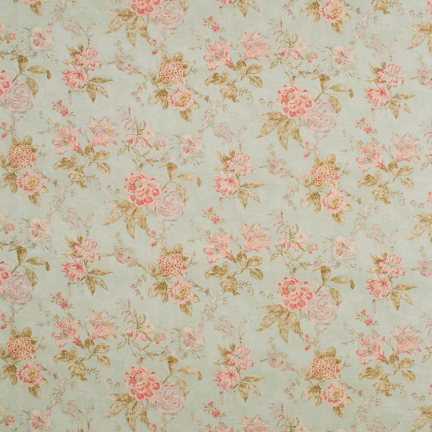 Fabric swatch of a light blue vintage inspired floral design fabric for curtains and upholstery