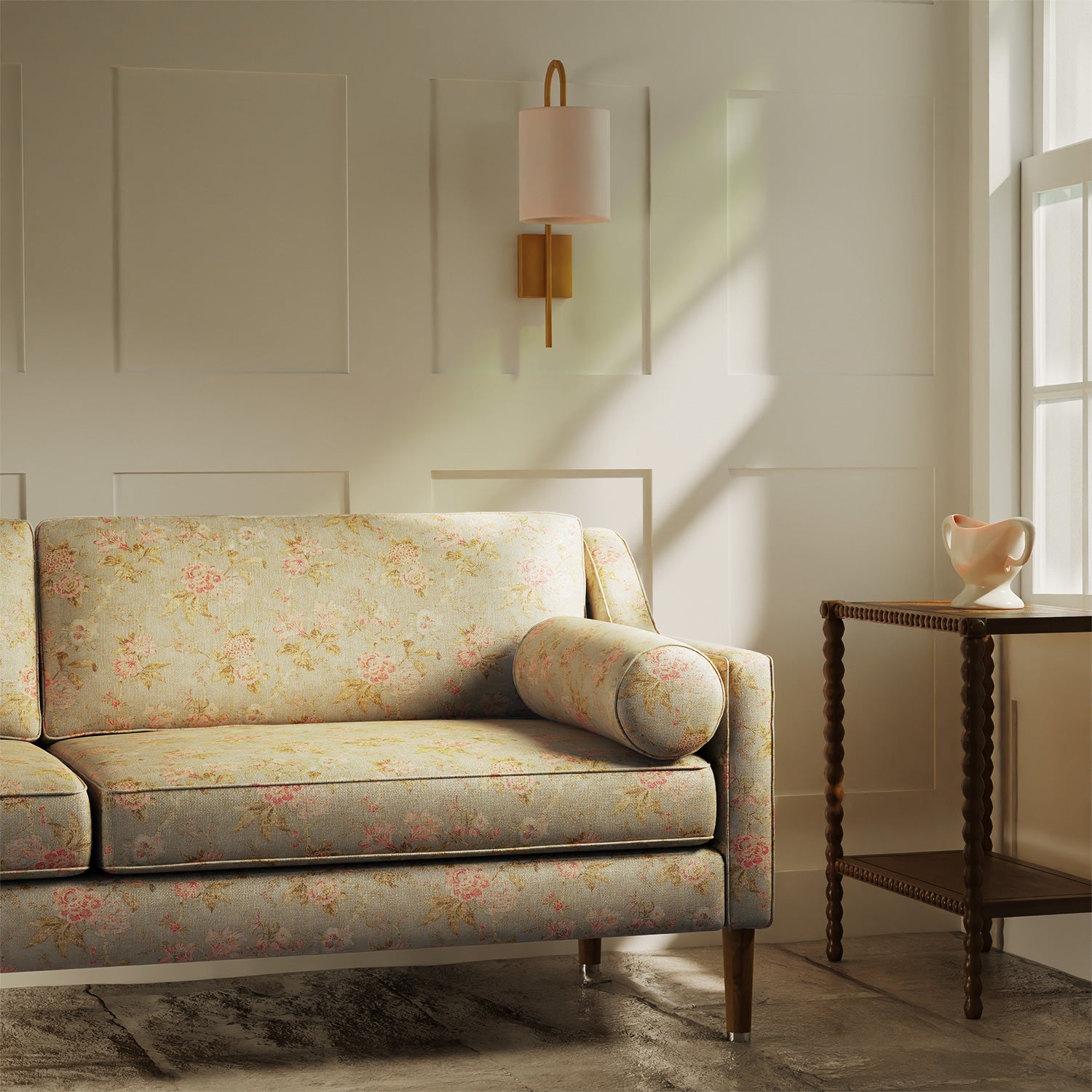 Sofa upholstered in a luxury dark neutral vintage inspired floral fabric