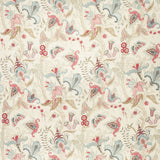 Fabric swatch of a white fabric with a pink and blue stylised floral design