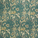 Fabric swatch of a blue fabric with stylised floral design