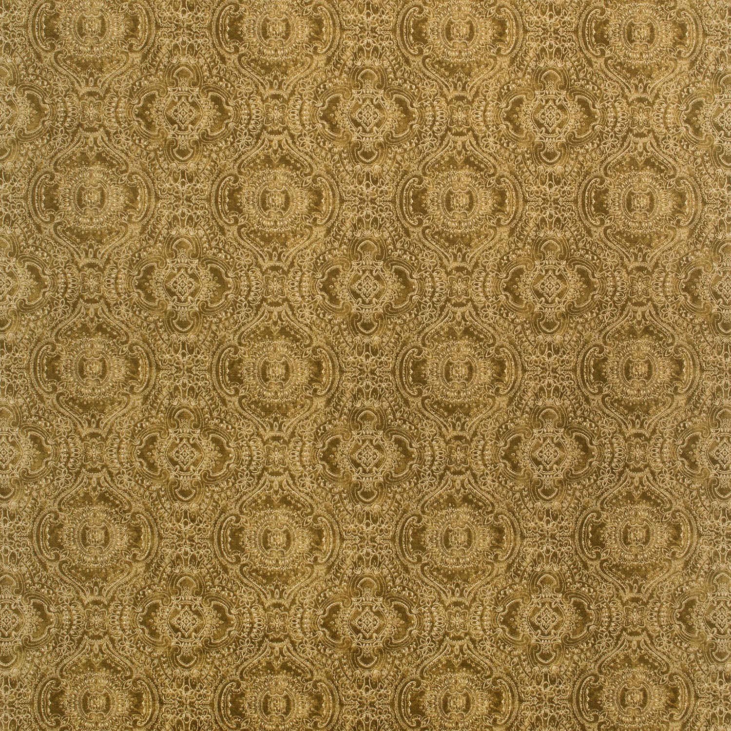 Fabric swatch of a gold velvet fabric for curtains and upholstery with intricate jewel like design