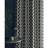 Curtain in a blue and neutral fabric with geometric Navajo inspired design