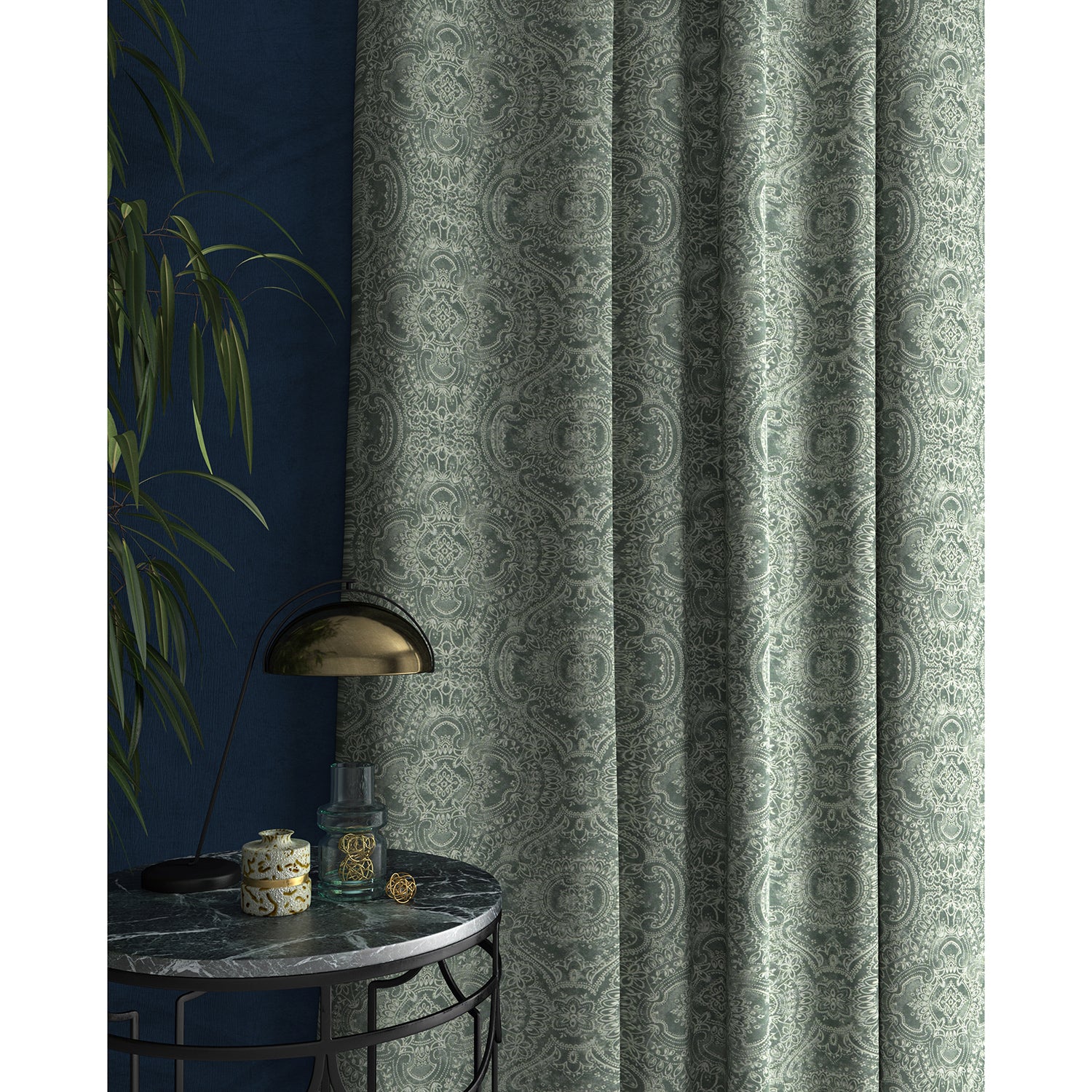 Curtain in a smokey blue and white fabric with intricate jewel design