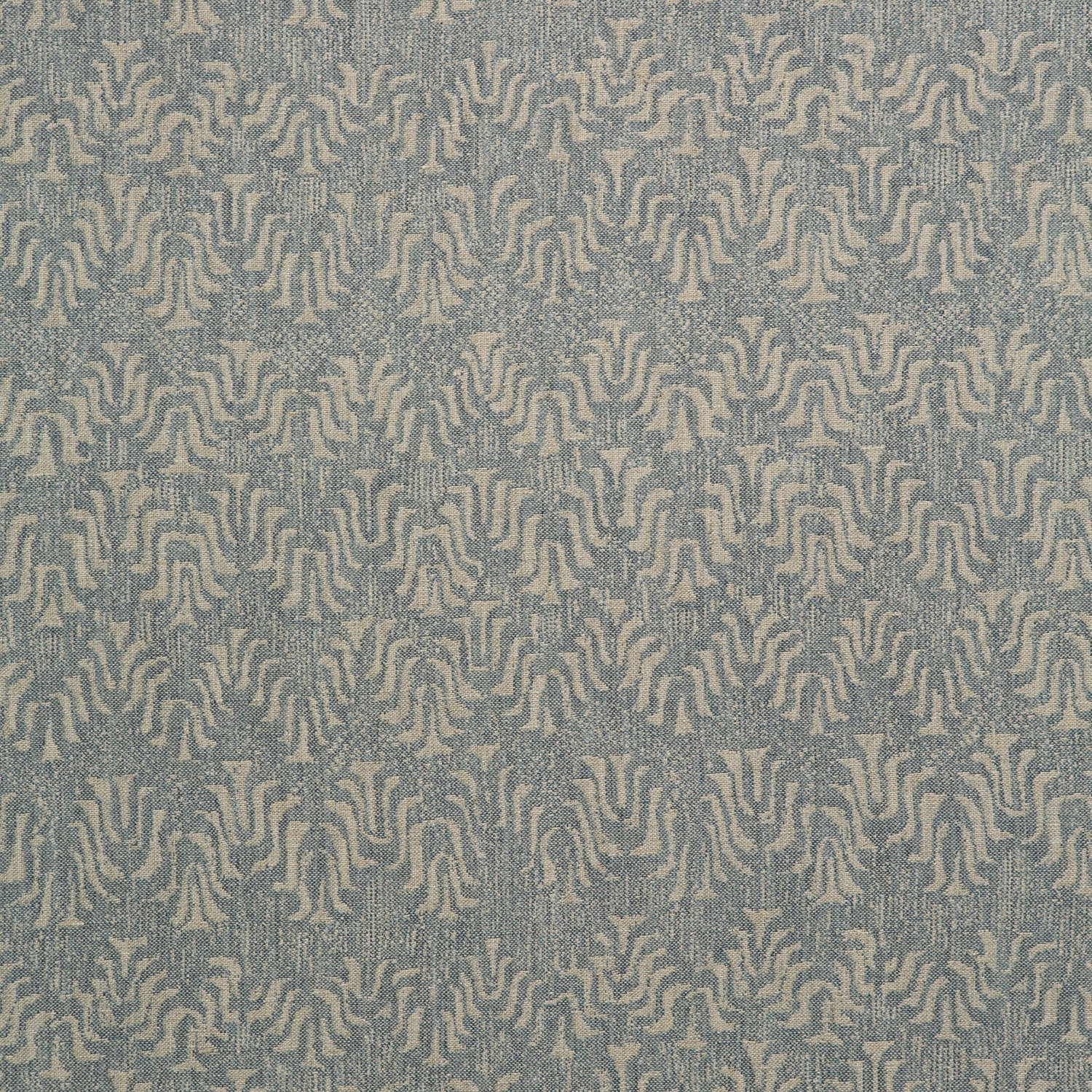 Fabric swatch of a light blue and neutral jacquard weave fabric for curtains and upholstery