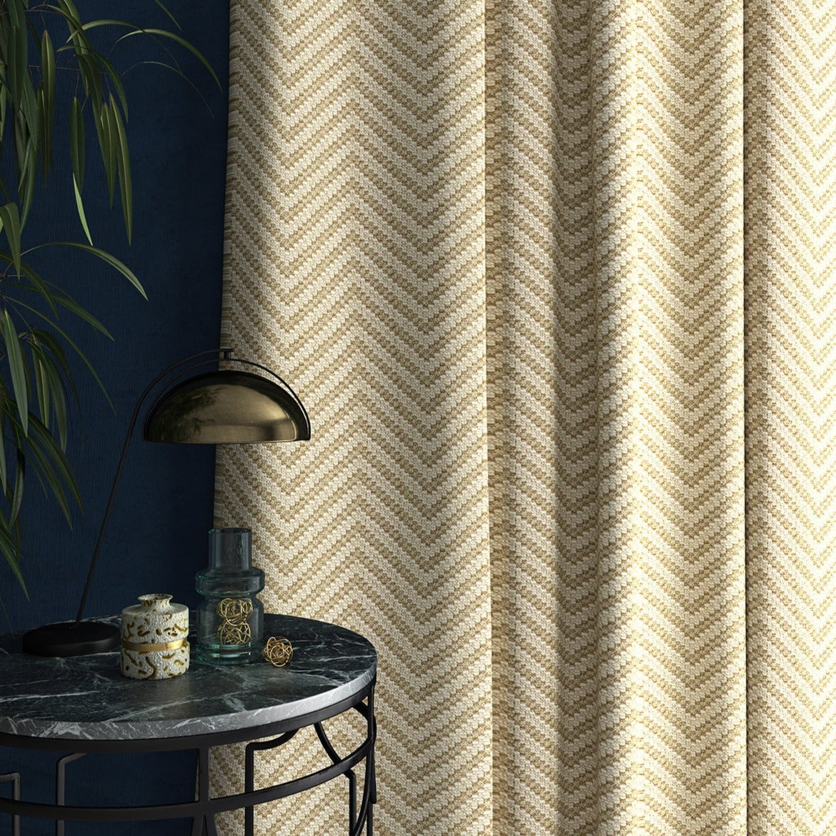 Curtain in a neutral herringbone weave fabric