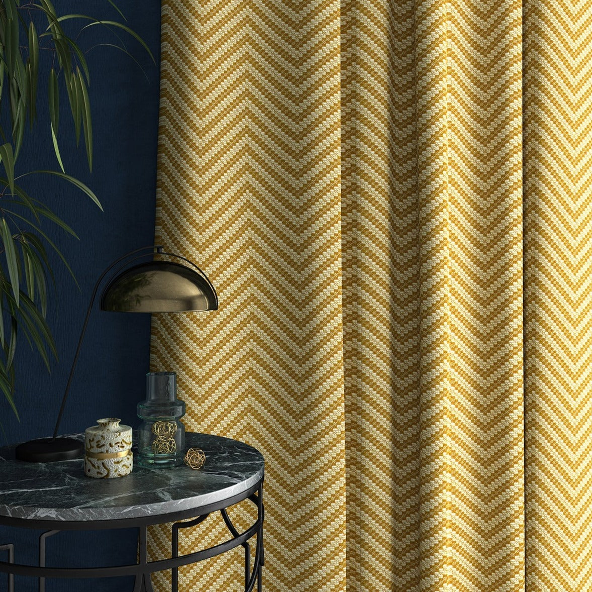 Curtain in a yellow and neutral herringbone weave fabric