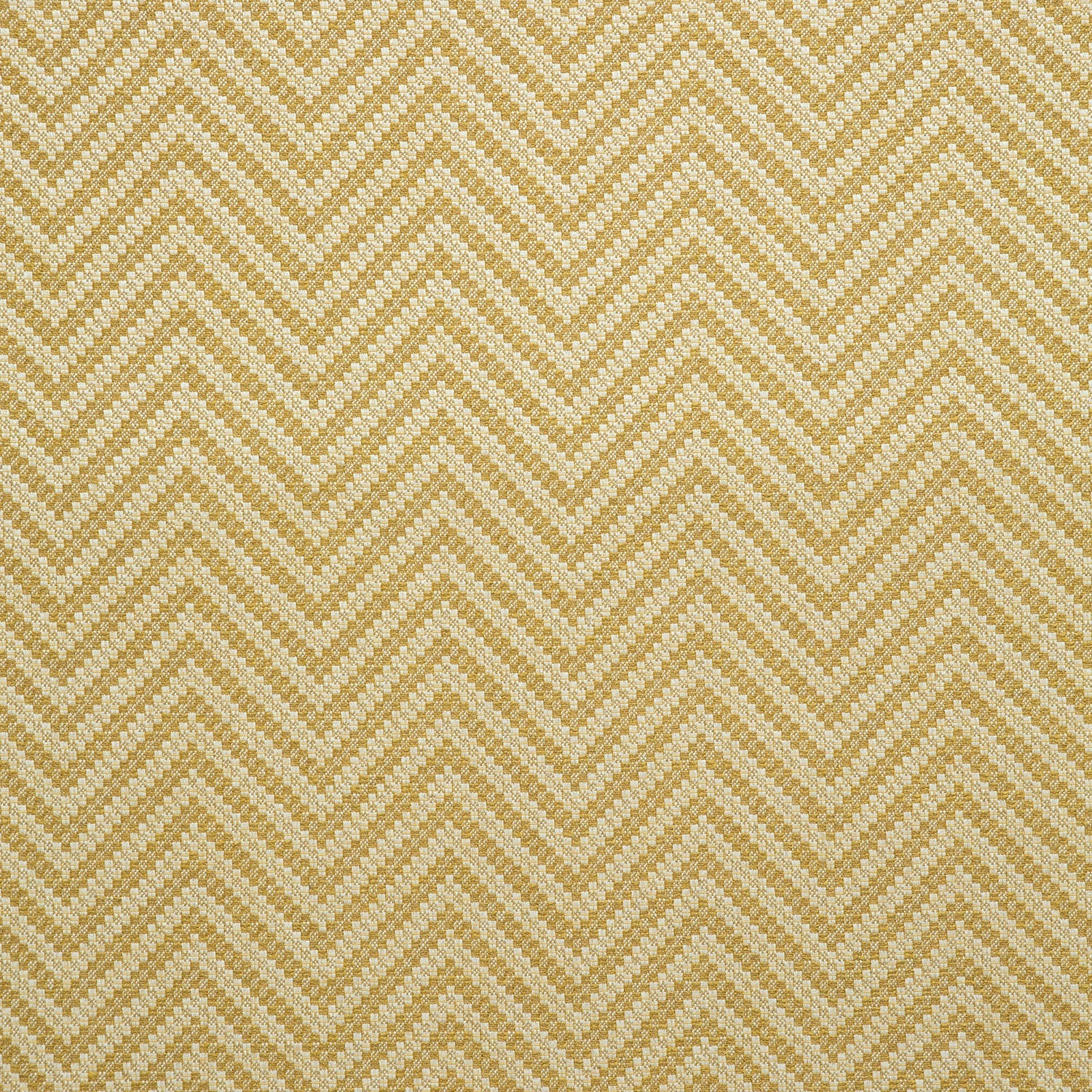 Fabric swatch of a yellow and neutral herringbone weave fabric for curtains and upholstery