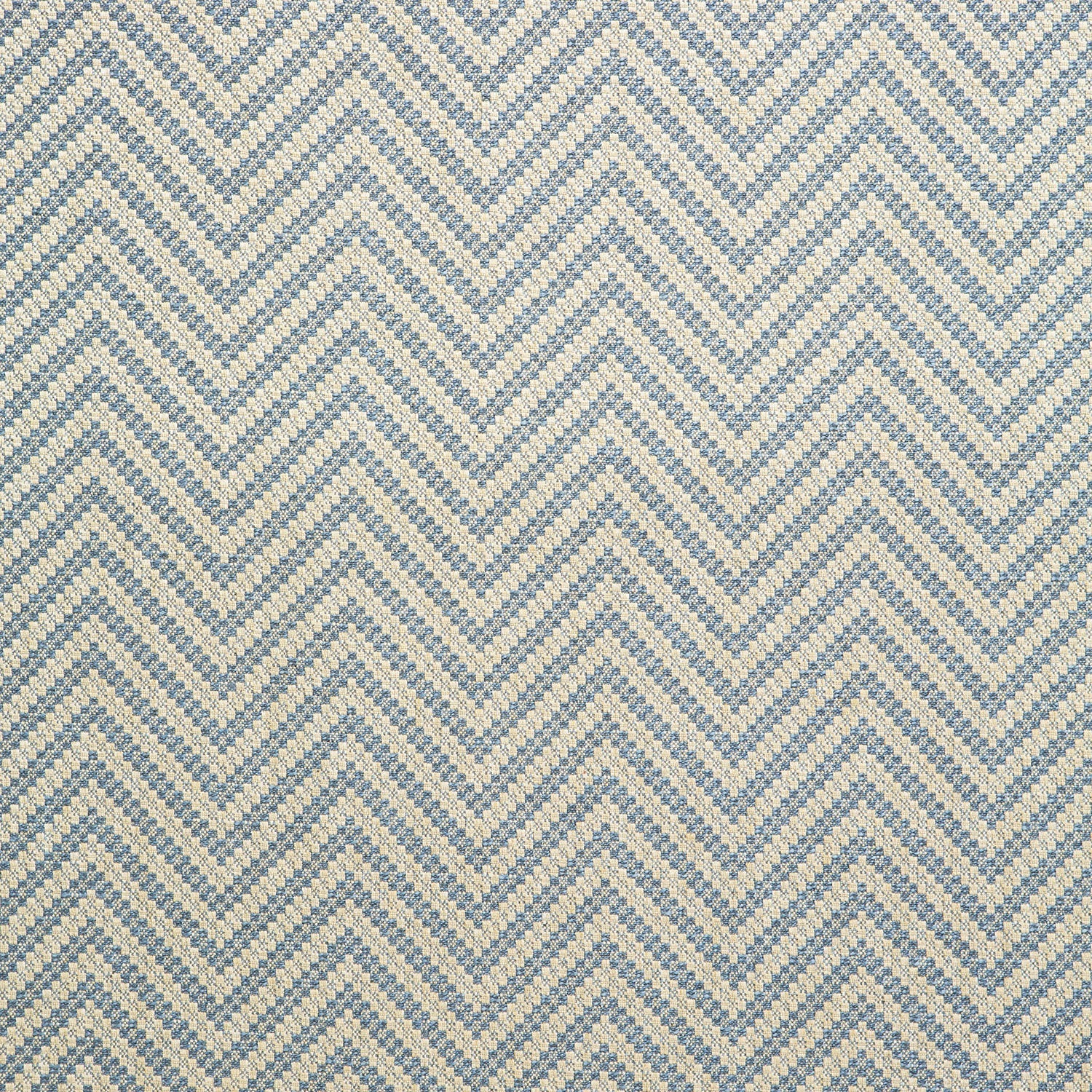 Fabric swatch of a light blue and neutral herringbone weave fabric for curtains and upholstery