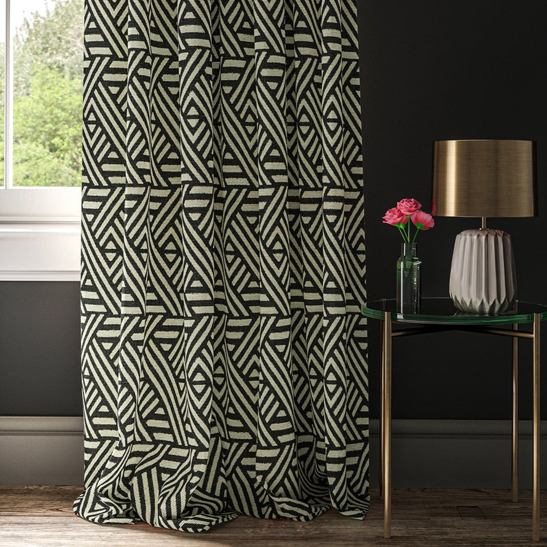 Curtain with a monochrome geometric print fabric