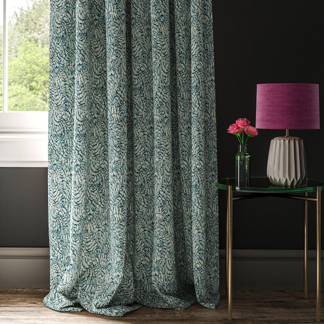 Dark blue curtain wiht a small white tropical print