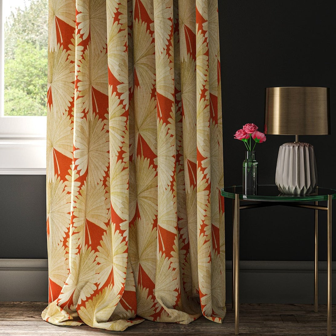 Orange linen curtain with a printed fan design