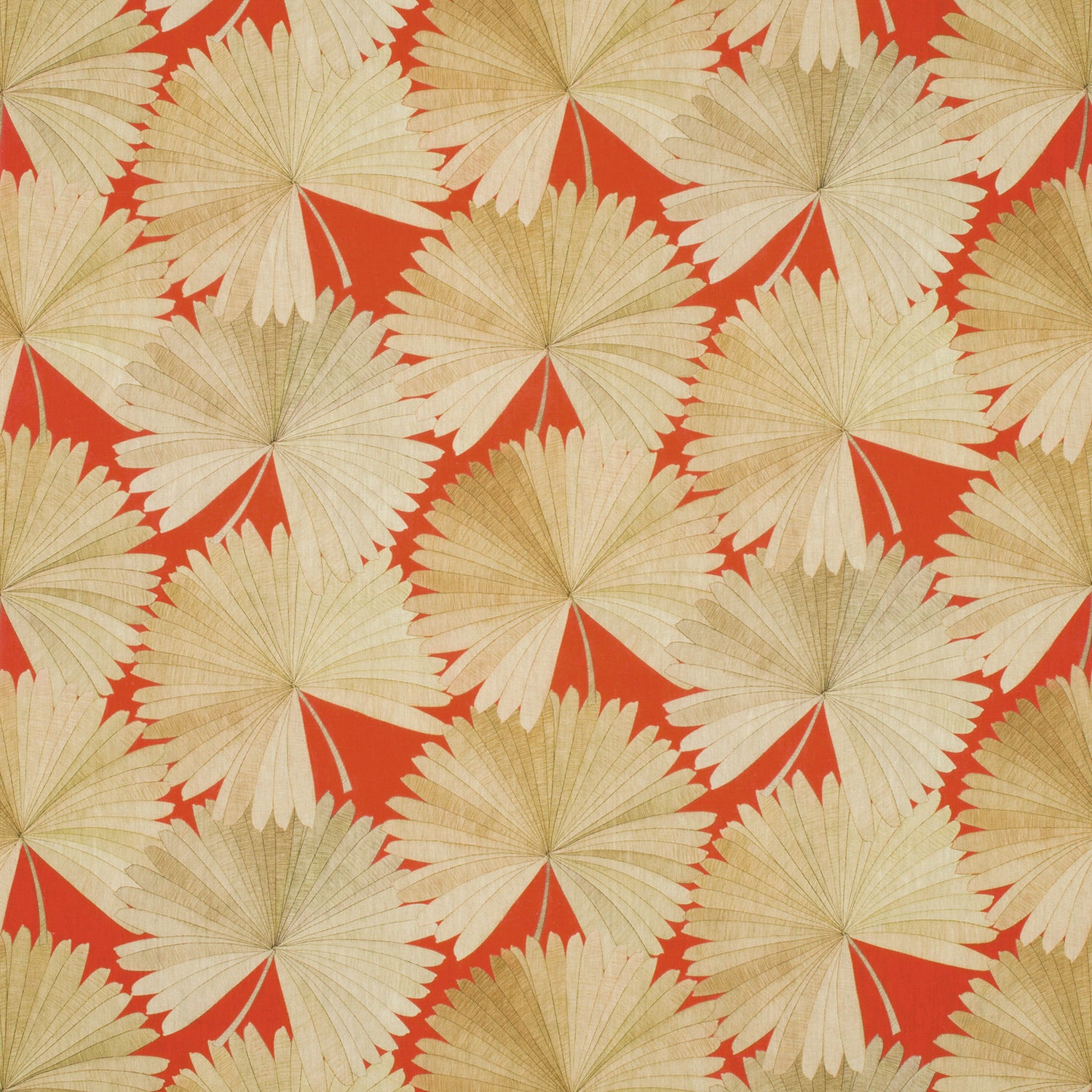 Sample of an orange linen fabric with oriental printed fan design.