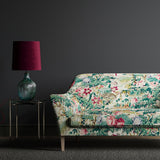 Sofa in a tropical linen fabric with a printed exotic jungle scene