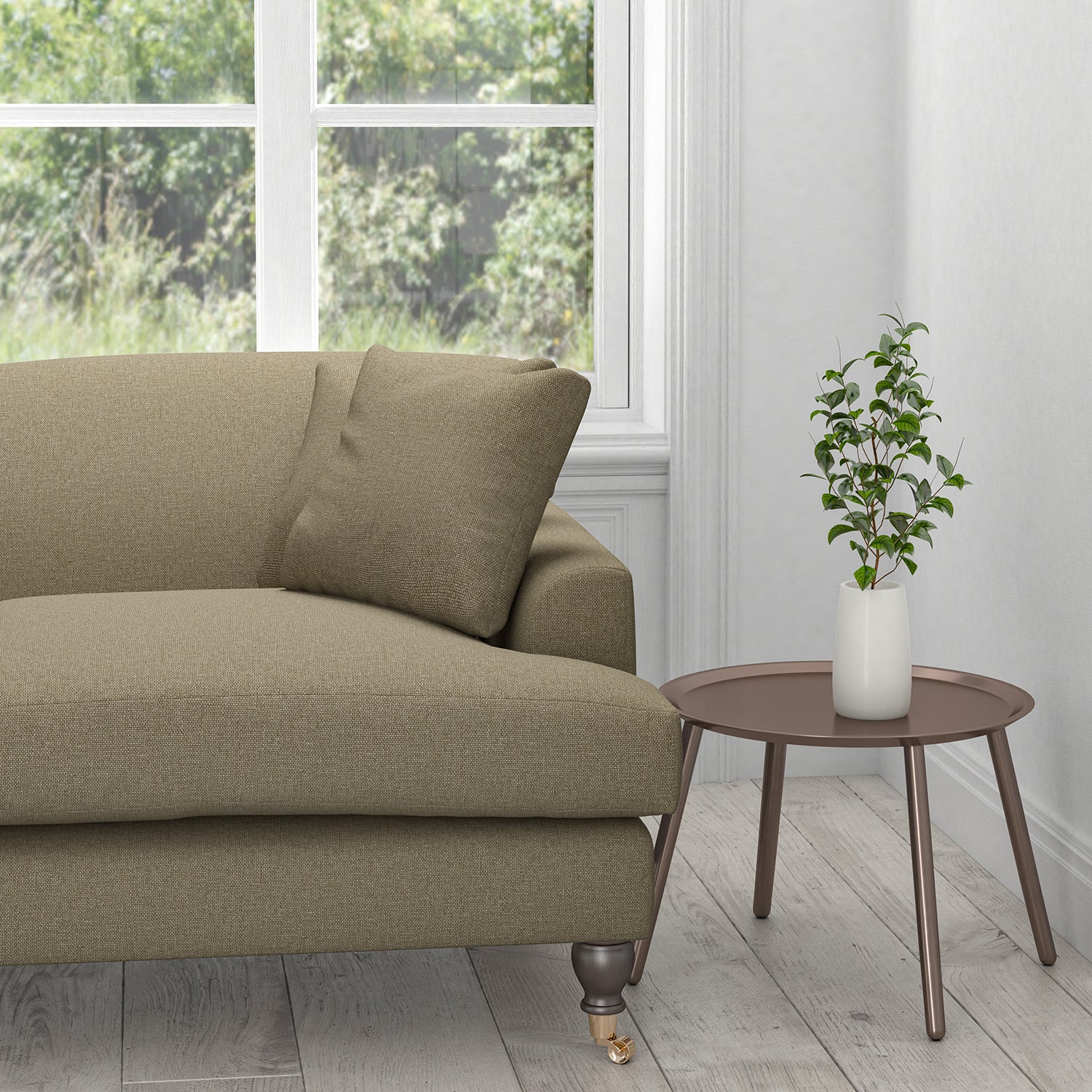 Sofa upholstered in a mid-brown plain cotton furnishing fabric