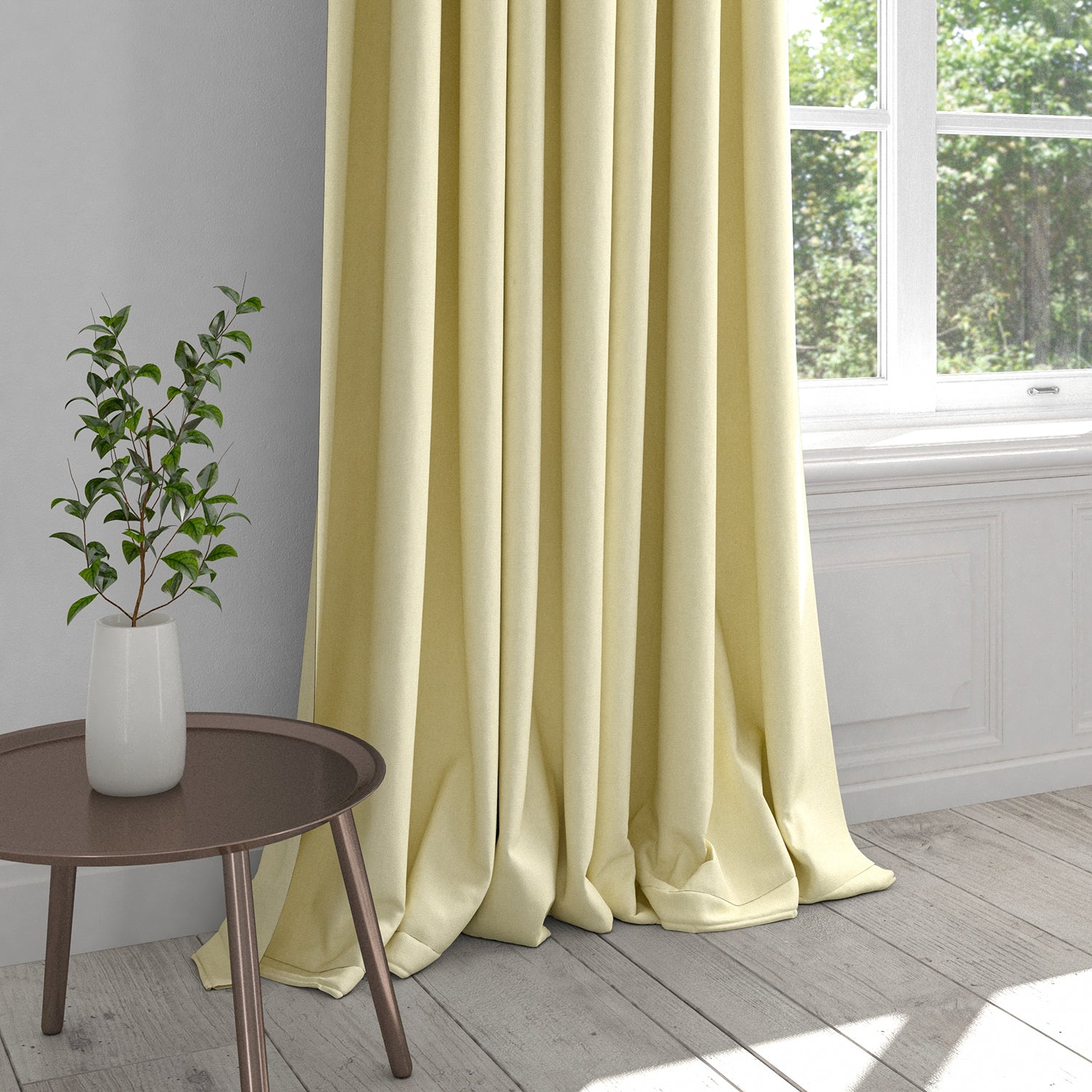 Curtain in a off-white plain cotton furnishing fabric