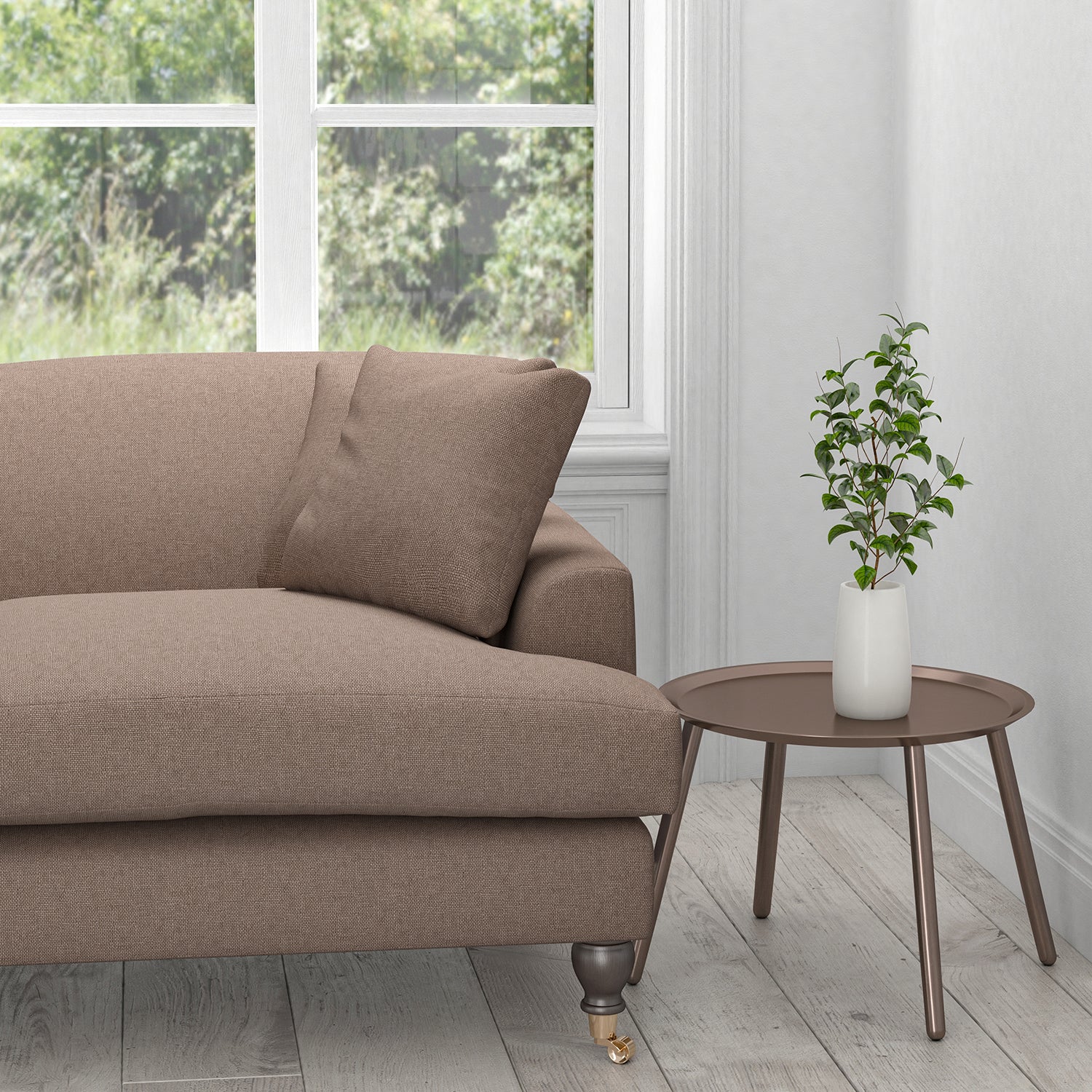Sofa upholstered in a mauve cotton washable upholstery fabric