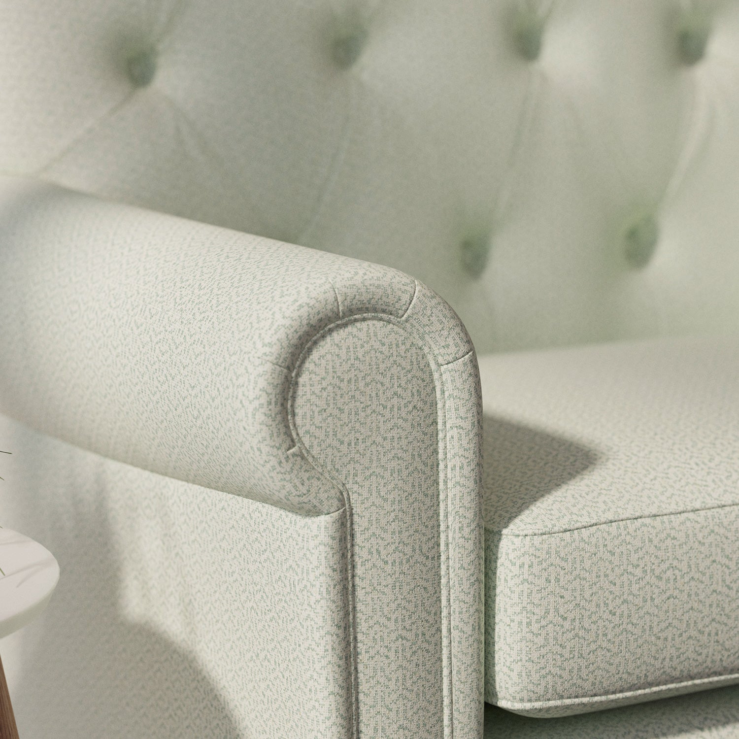 Sofa upholstered in a aqua Scandi-style semi-plain upholstery fabric with a stain resistant finish