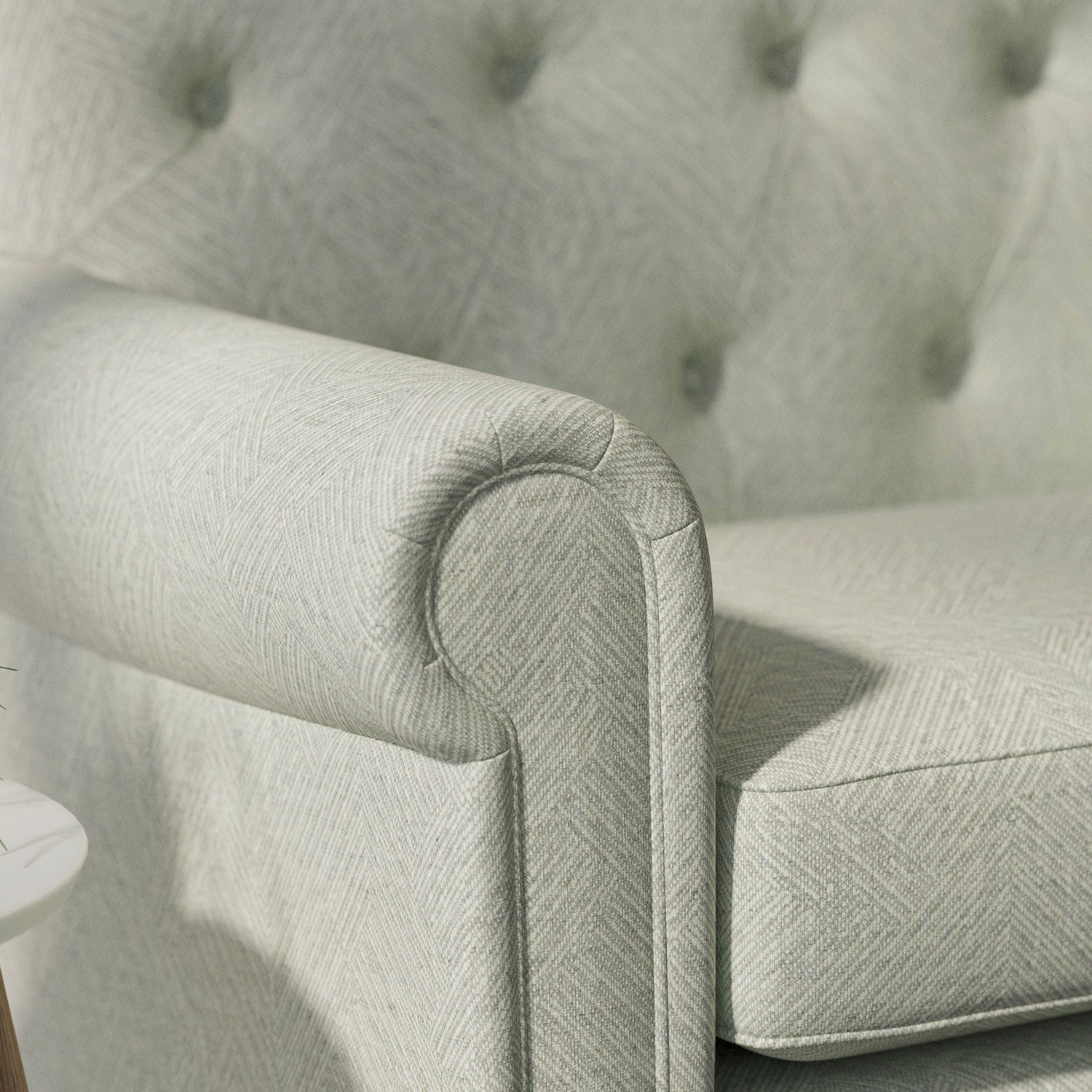 Sofa upholstered in a grey Scandi-style semi-plain upholstery fabric with a stain resistant finish